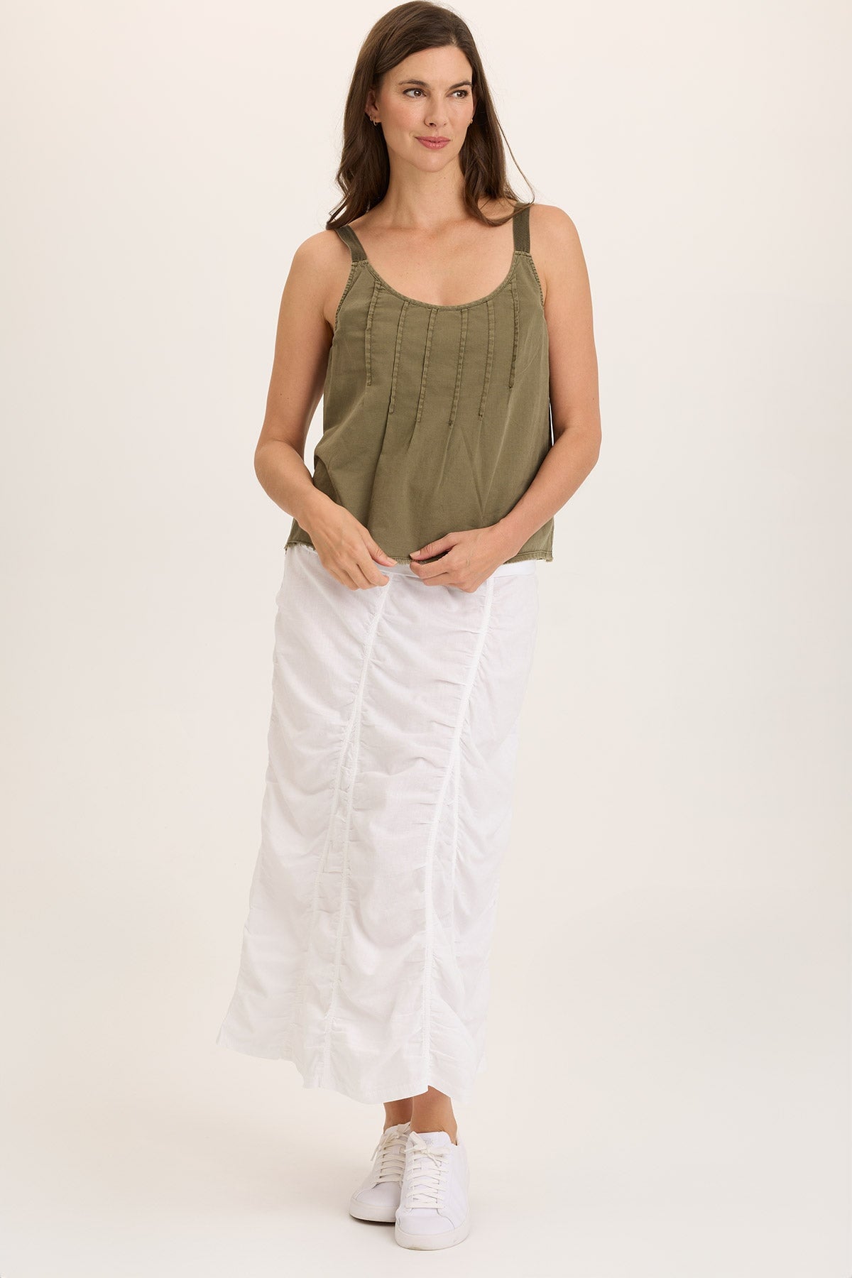 Linen Shirred Asymmetric Midi Skirt - Women's Boho Summer Skirt with Elastic Waist | Perfect for Beach Vacations, Date Nights & Casual Outings