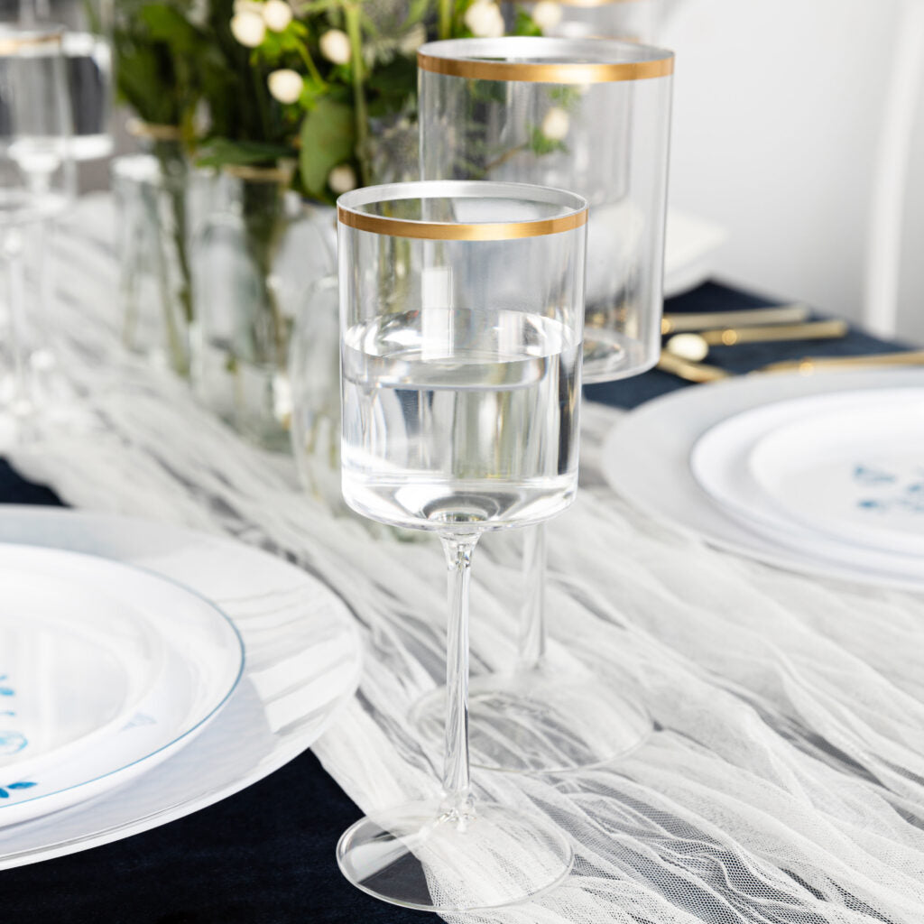 9 Oz Clear and Gold Plastic Stemmed Wine Goblets - Set of 5 Shatterproof Cups for Parties, Weddings, and Outdoor Events