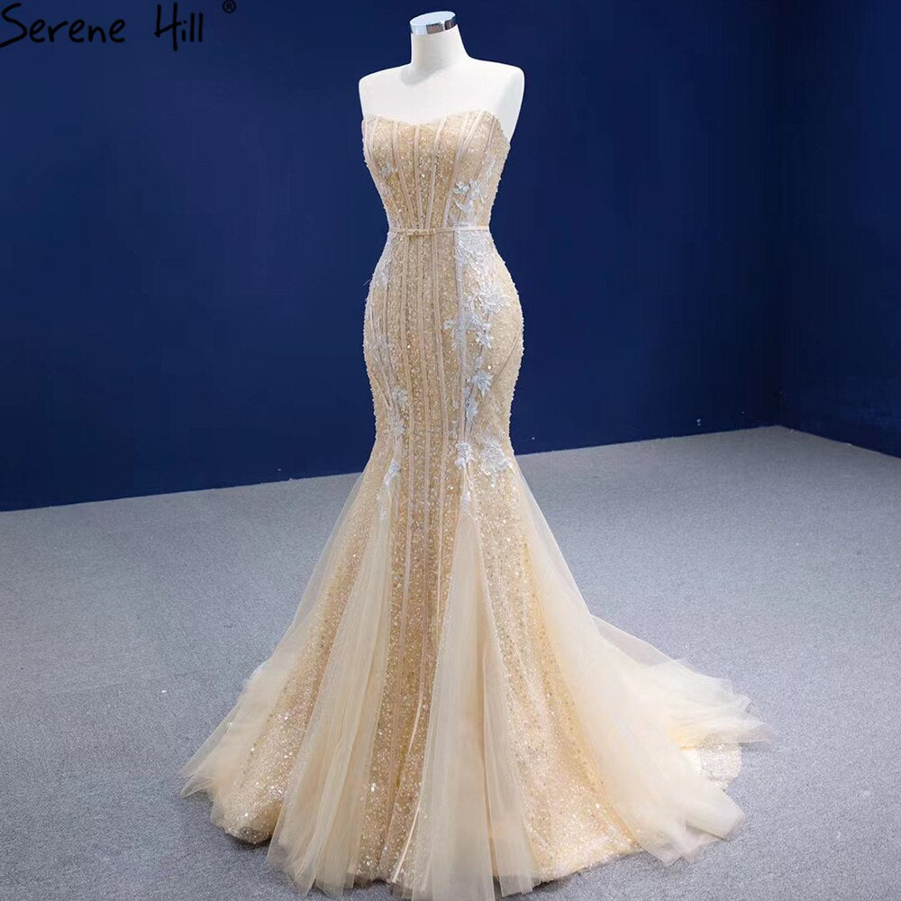 Serene Hill Mermaid Champagne Evening Gowns 2025 - Elegant Beaded Luxury Dresses for Women | Perfect for Cocktail Parties, Prom, and Formal Events | HM67339
