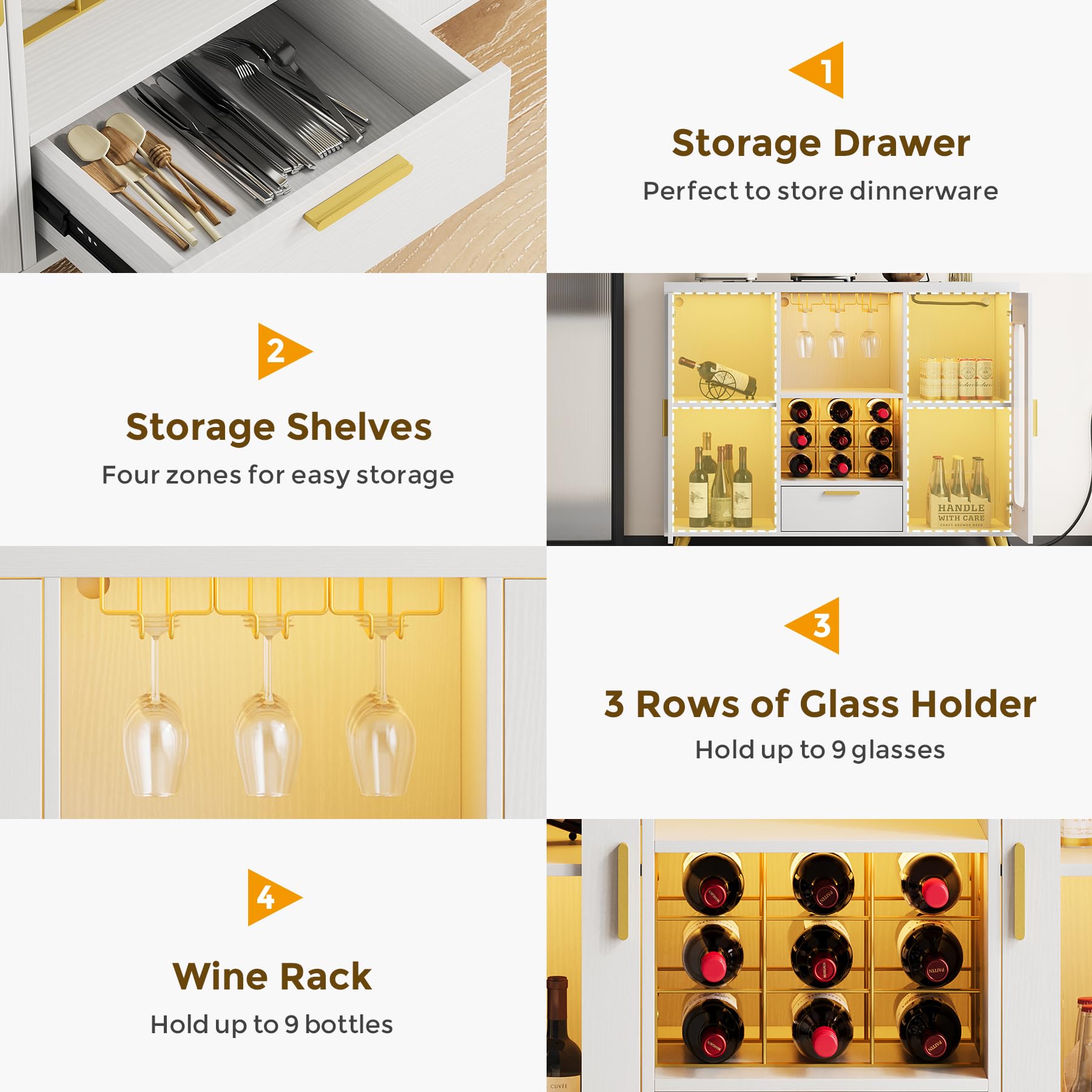 Modern LED Wine Bar Cabinet with Power Outlet - Coffee & Liquor Storage with Built-in Wine Rack & Glass Holder - White Buffet Sideboard for Dining Room, Living Room, Kitchen - Perfect for Home Entertaining & Stylish Storage