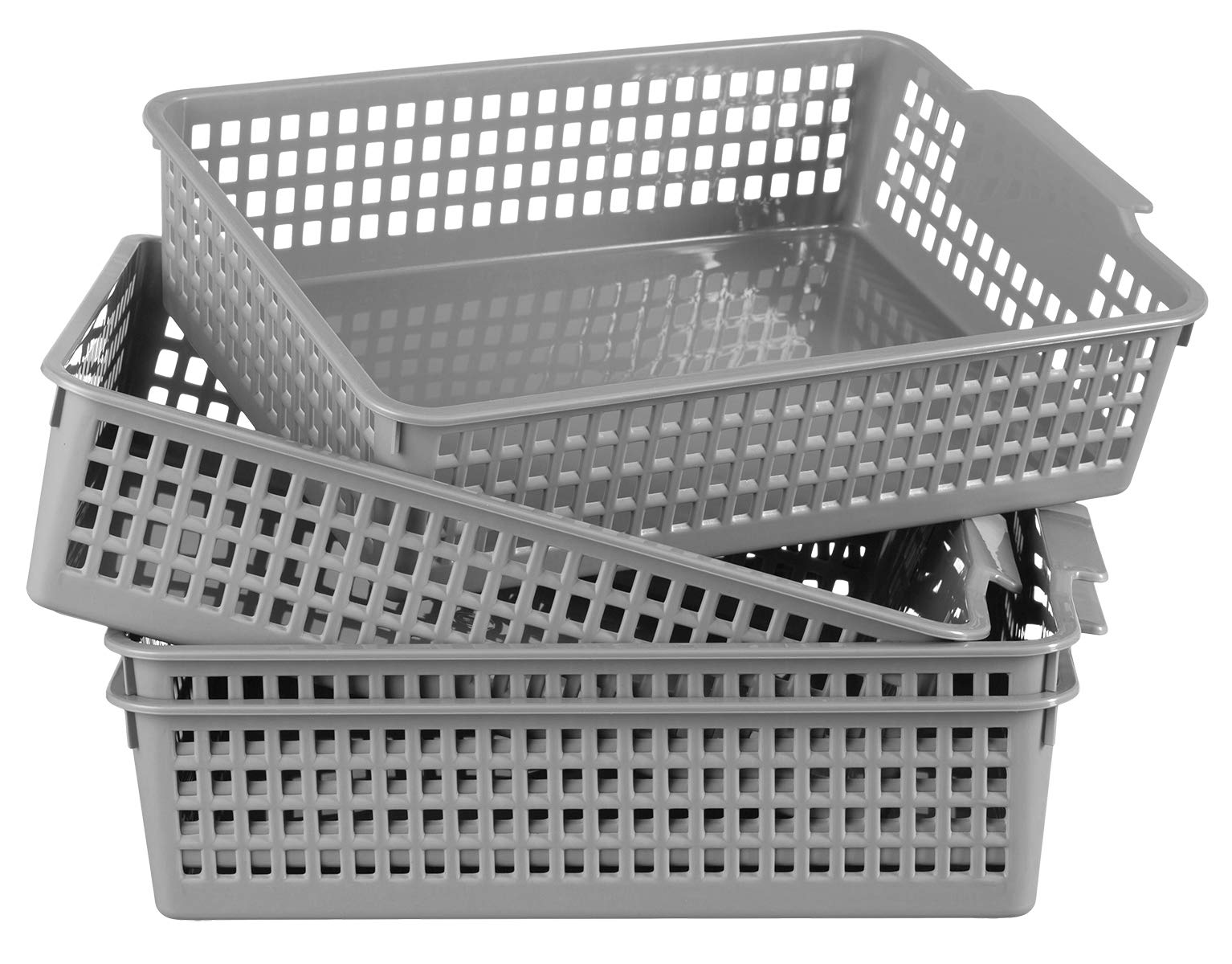 4-Pack Gray Plastic Storage Baskets with Handles - Organizing Bins for Home, Office, Bathroom & Kitchen - Perfect for Toys, Accessories & Household Organization