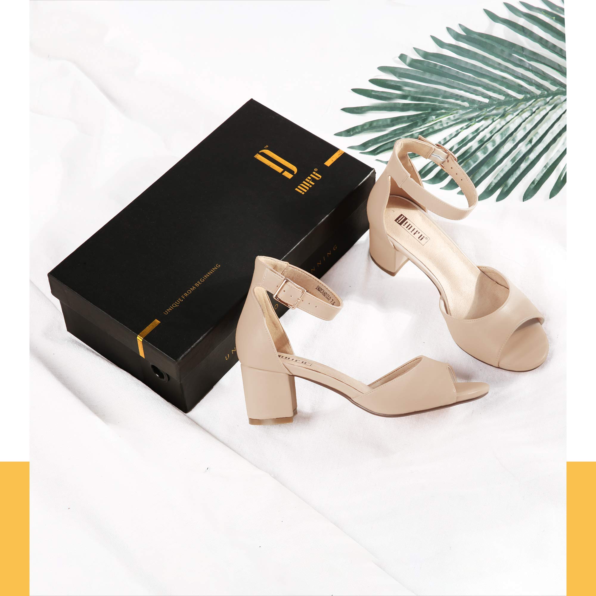 IDIFU Women's Low Block Heel Sandals - Peep Toe Ankle Strap Chunky Heel Wedding Shoes for Bride, Party, Prom & Special Occasions