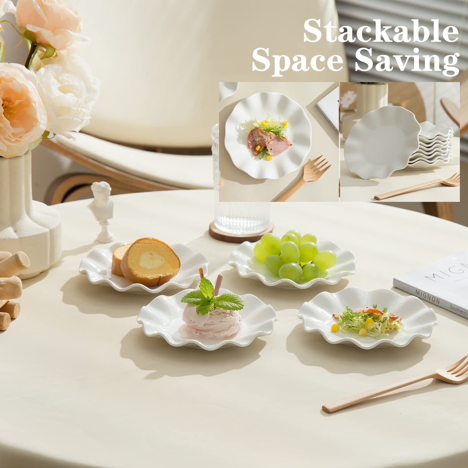 6 Inch Porcelain Appetizer Plates Set of 18 - Small Dinner Plates & Dessert Salad Dishes with White Wave Rim - Microwave, Oven & Dishwasher Safe - Perfect for Cake, Snack, Ice Cream, Waffles, Parties & Home Entertaining