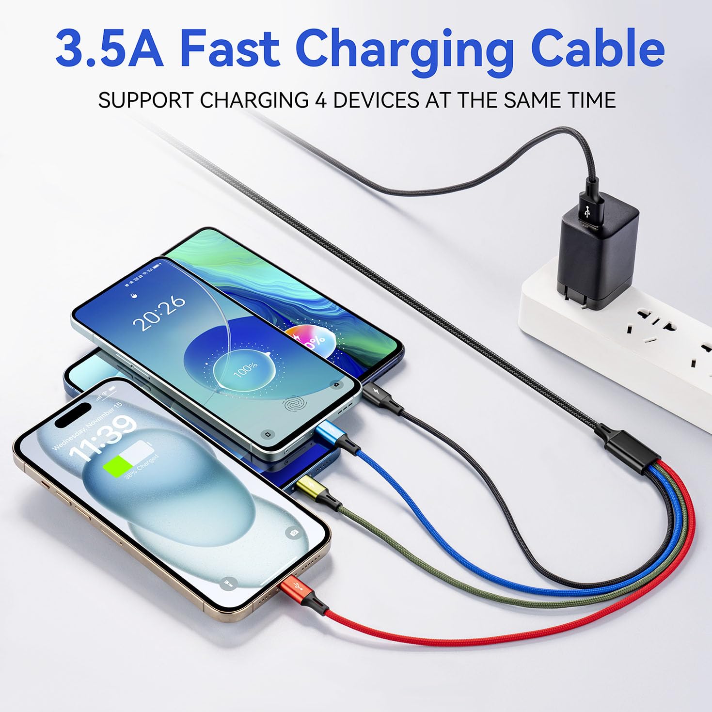 2-Pack 6Ft 4-in-1 Braided Fast Charging Cable - USB C/Micro USB/Lightning Adapter Compatible with iPhone, Samsung Galaxy, Tablets, PS5 - Perfect for Home, Office & Travel Charging Needs
