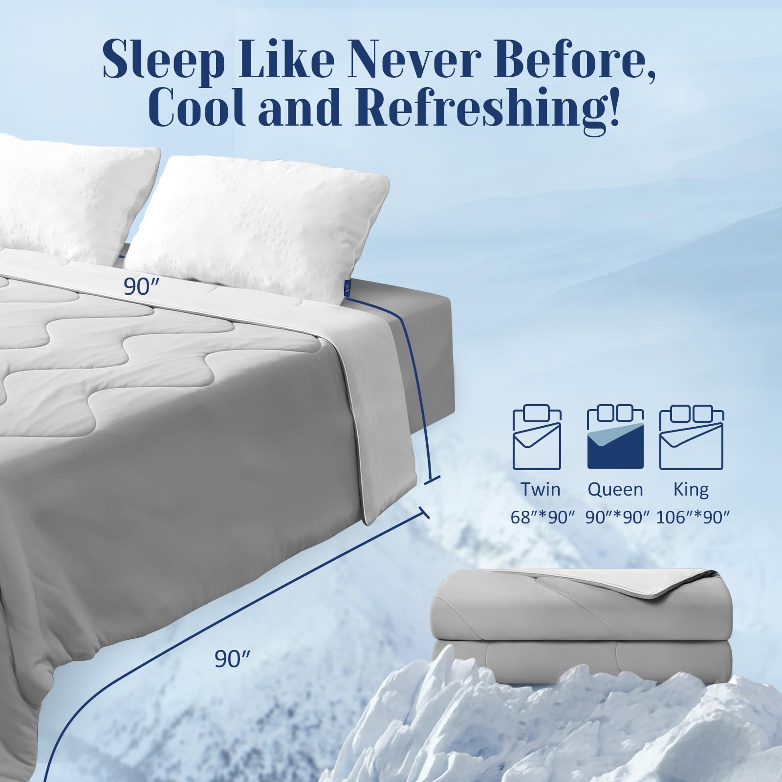 Cooling Blanket for Hot Sleepers - Queen Size Ice Comforter for Night Sweats Relief, Double-Sided All-Season Lightweight Cooling Quilt (90''x90'', Cool Gray) - Perfect for Summer Nights & Hot Flashes Relief