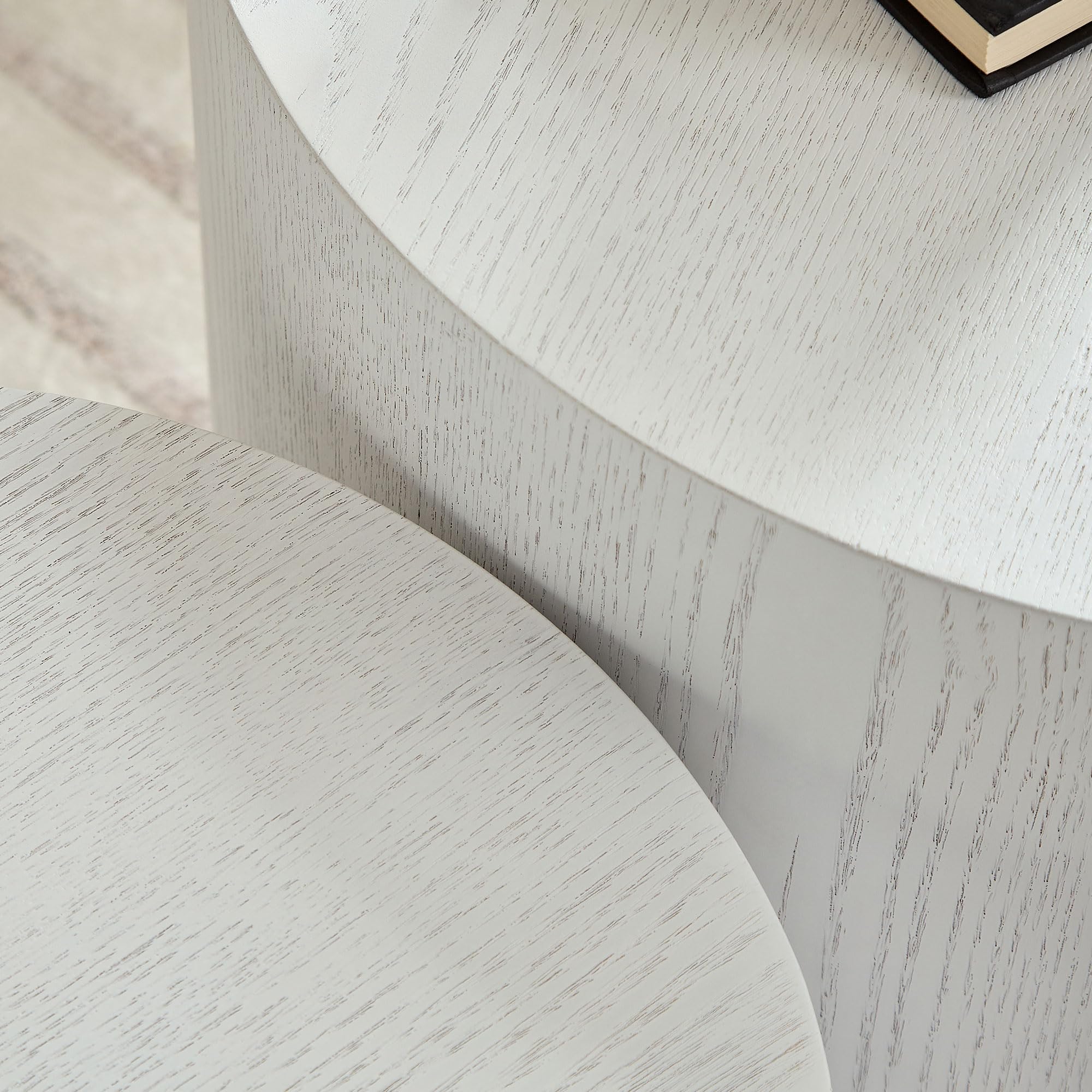 JUSTONE 2-Piece Nesting Coffee Table Set - Modern Round Wooden Side Tables for Living Room, Bedroom, Balcony & Home Office - No Assembly Required, White - Perfect for Small Spaces & Stylish Home Decor
