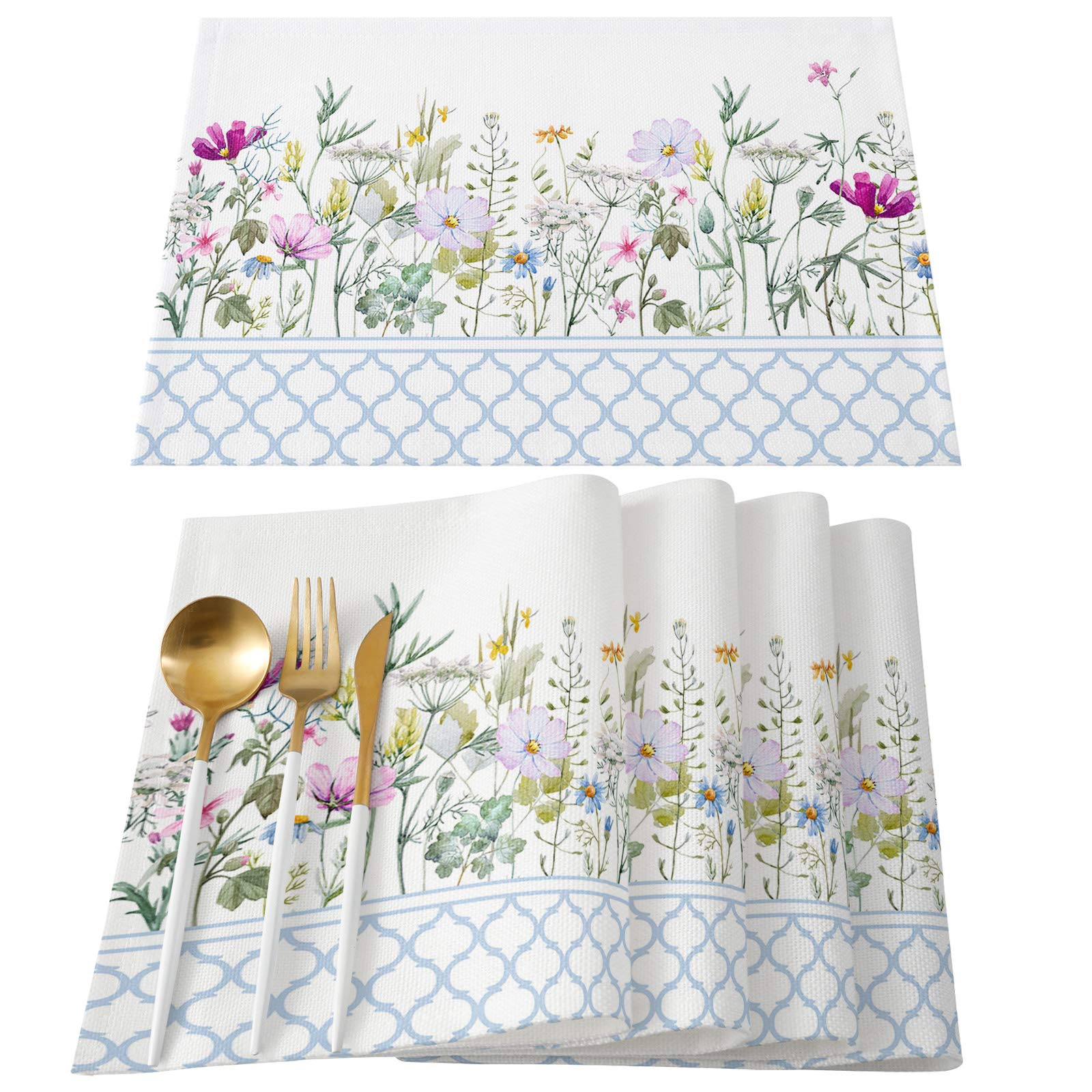 4-Pack Wildflower Vanilla Table Placemats - Non-Slip Heat Resistant Moroccan Blue Kitchen Dining Mats for Holiday, Party, Wedding & Home Decor - Perfect for Everyday Use, Entertaining & Special Occasions