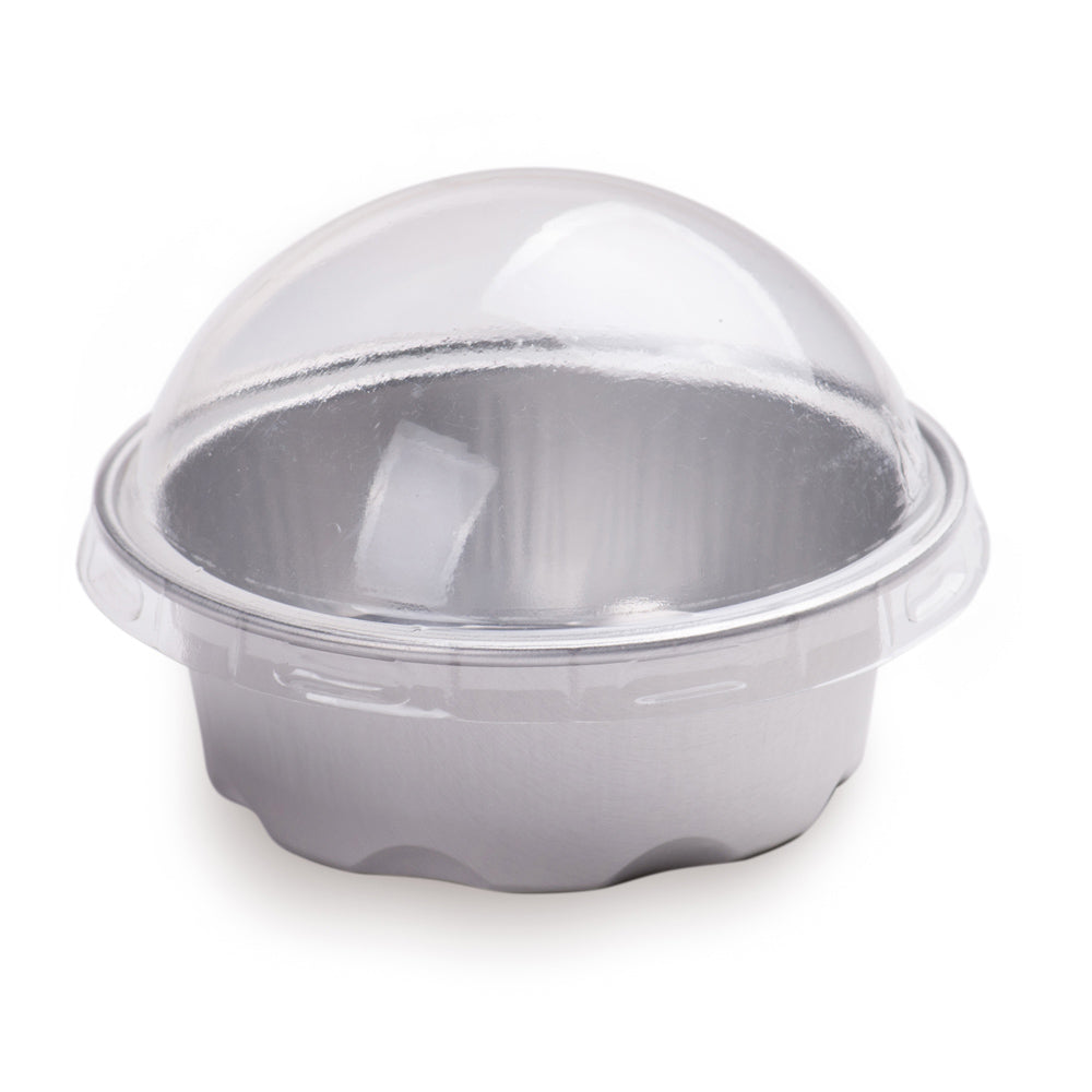 2 oz Round Silver Aluminum Baking Cups with Plastic Dome Lids - 2 3/4