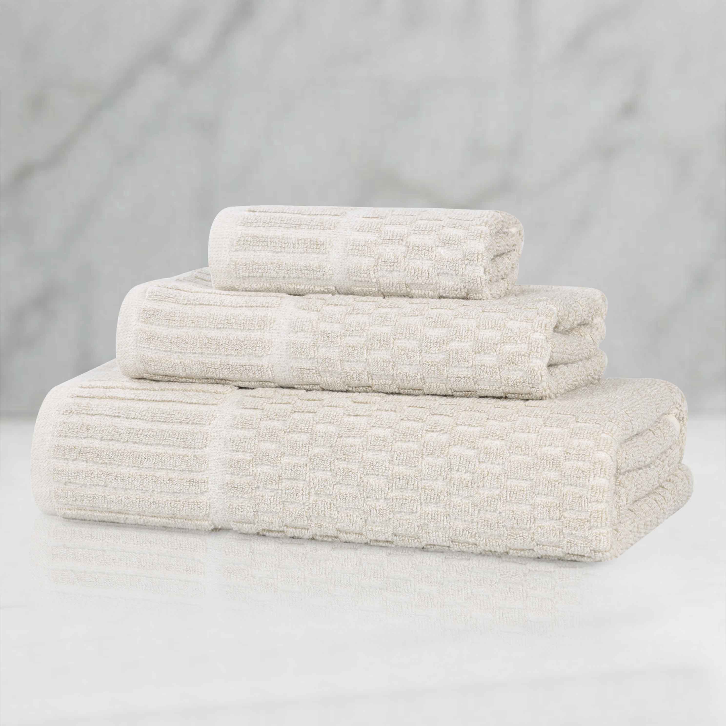 Premium Juno Cotton Blend Medium Weight Checkered Border 3-Piece Bath Towel Set - Soft, Absorbent & Quick-Drying for Bathroom, Spa & Guest Use