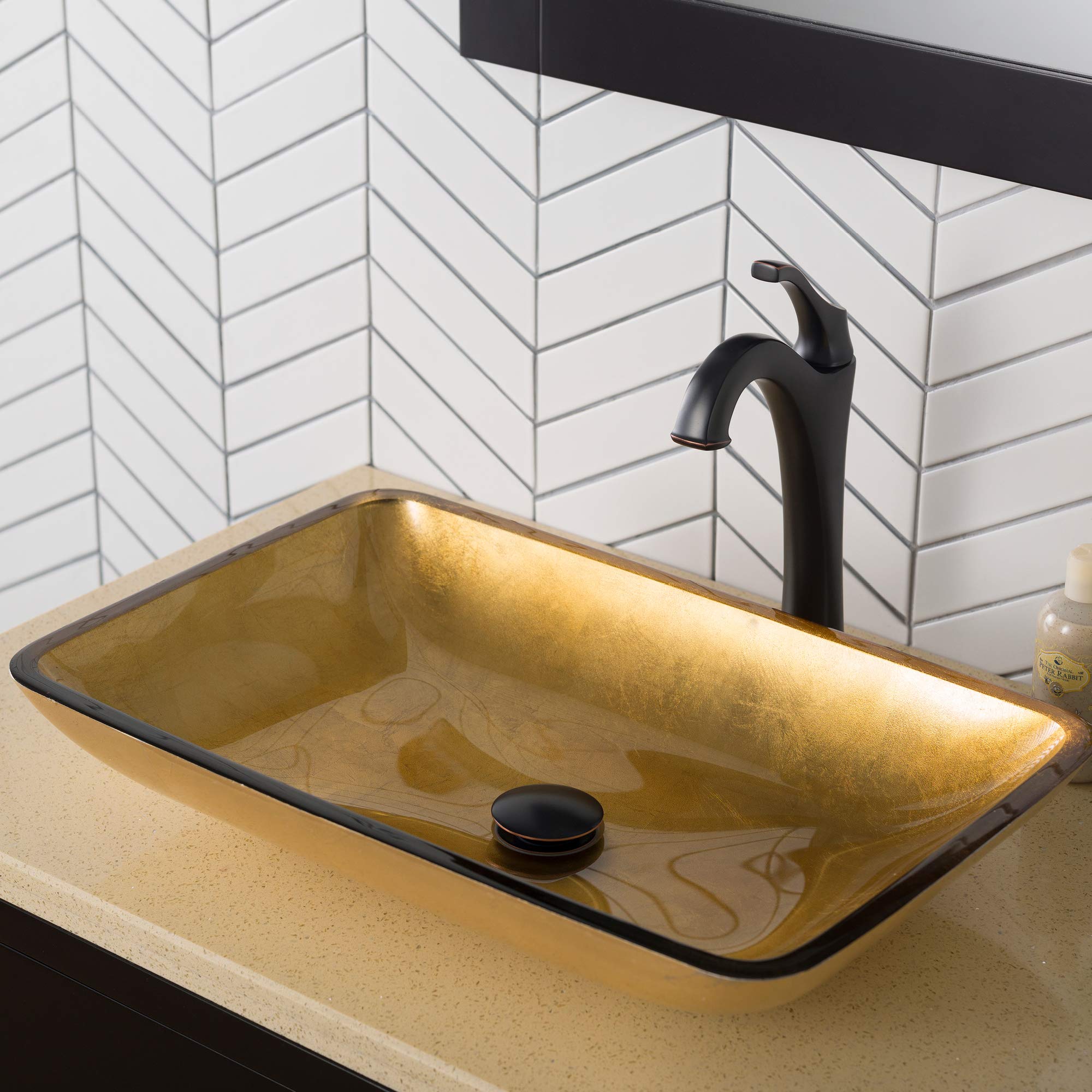 Kraus C-GVR-210-RE-1200ORB Arlo & Glass Bathroom Sink with Gold Finish & Oil Rubbed Bronze Faucet - Modern Vanity Sink for Bathroom Remodeling & Luxury Home Decor