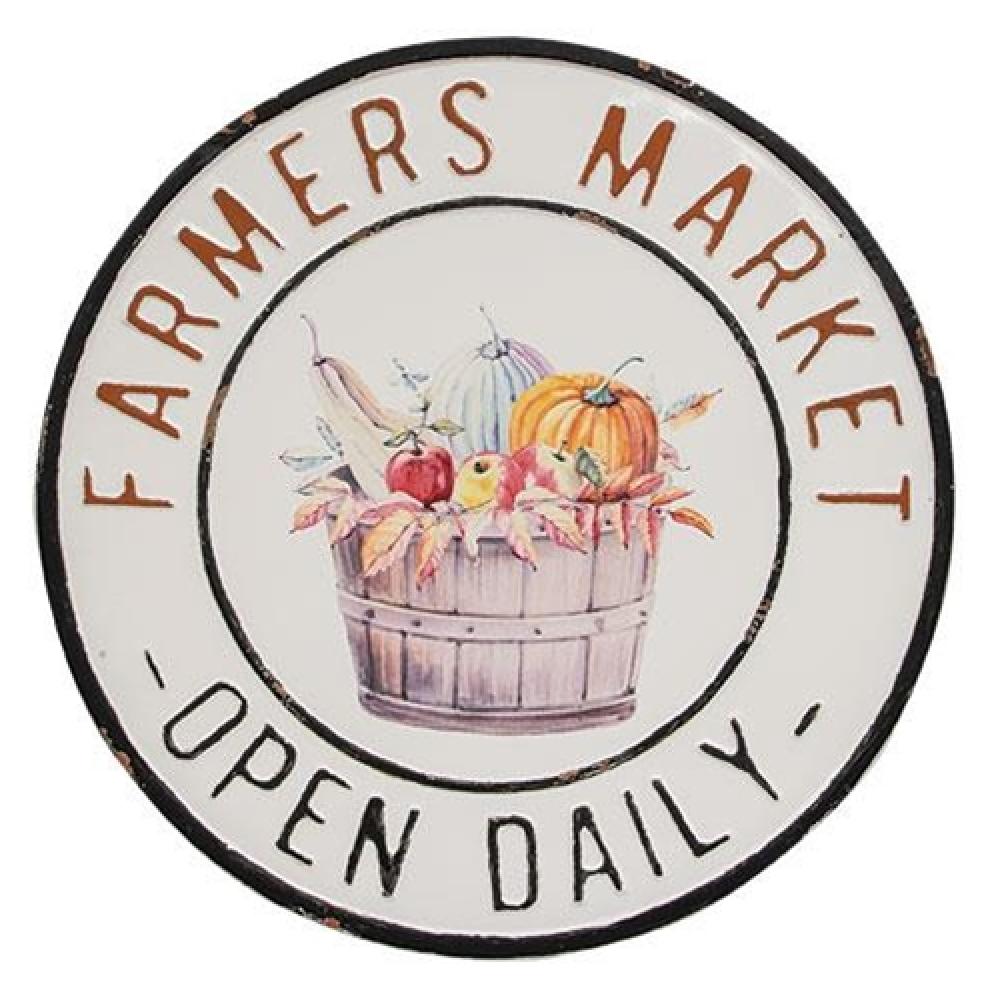 Vintage Round Metal Sign for Farmers Market - Rustic Farmhouse Decor for Kitchen, Cafe, or Garden - Open Daily Sign