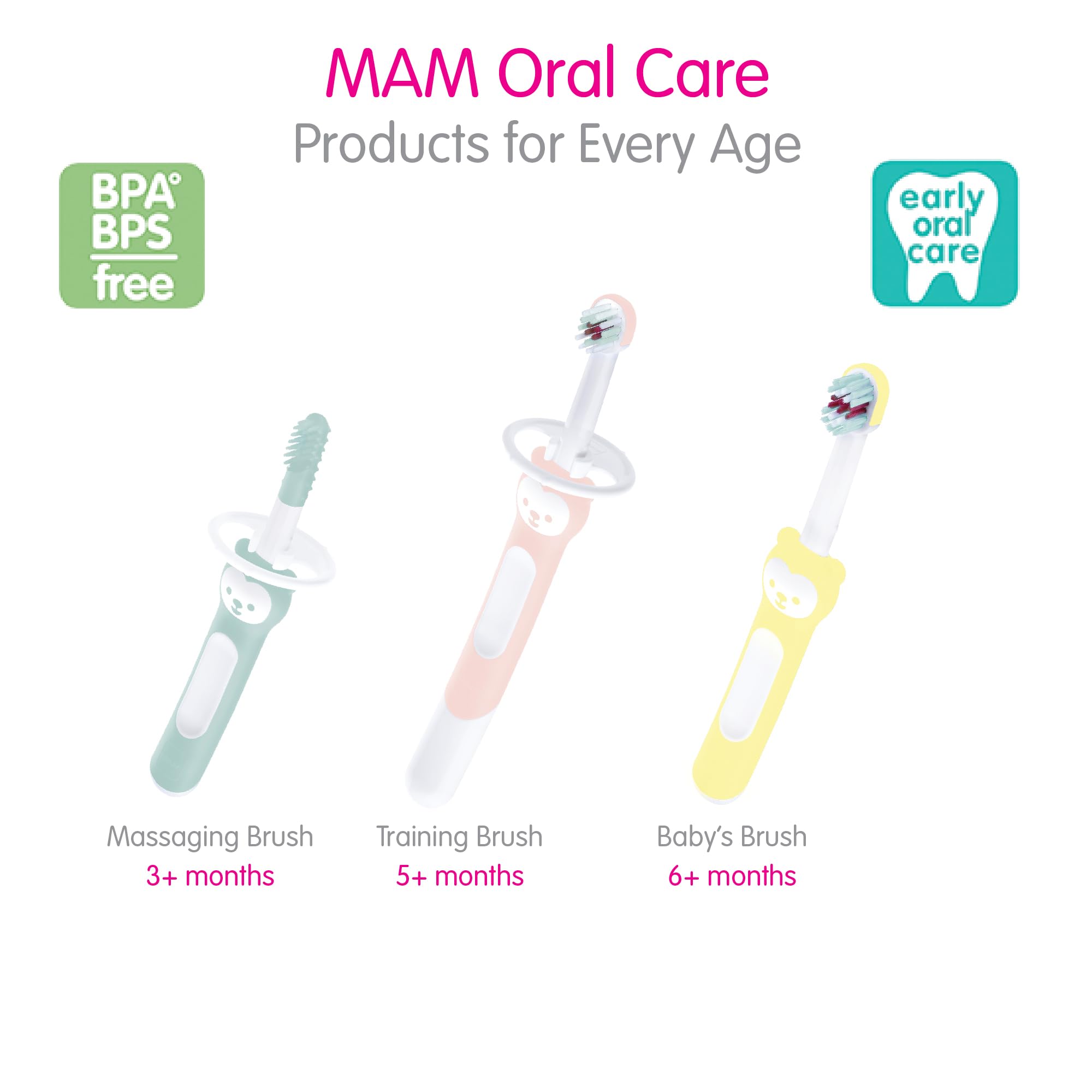 MAM Baby Toothbrushes Set - 2 Soft Bristle Toothbrushes & 1 Safety Shield with Brushy The Bear Design | Interactive Dental Care App Included | Ideal for Girls 6+ Months (Pink) | Perfect for First Teeth Cleaning & Toddler Oral Hygiene Training