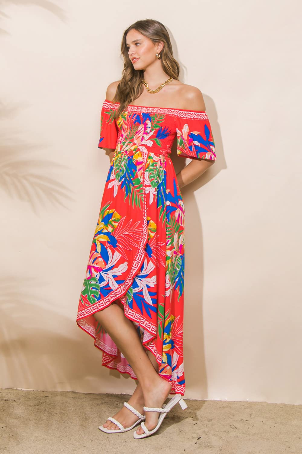 Bohemian Off Shoulder Maxi Dress - Tropical Floral Smocked Summer Dress with Hi-Low Hem | Perfect for Beach Vacations, Music Festivals & Boho Chic Outfits