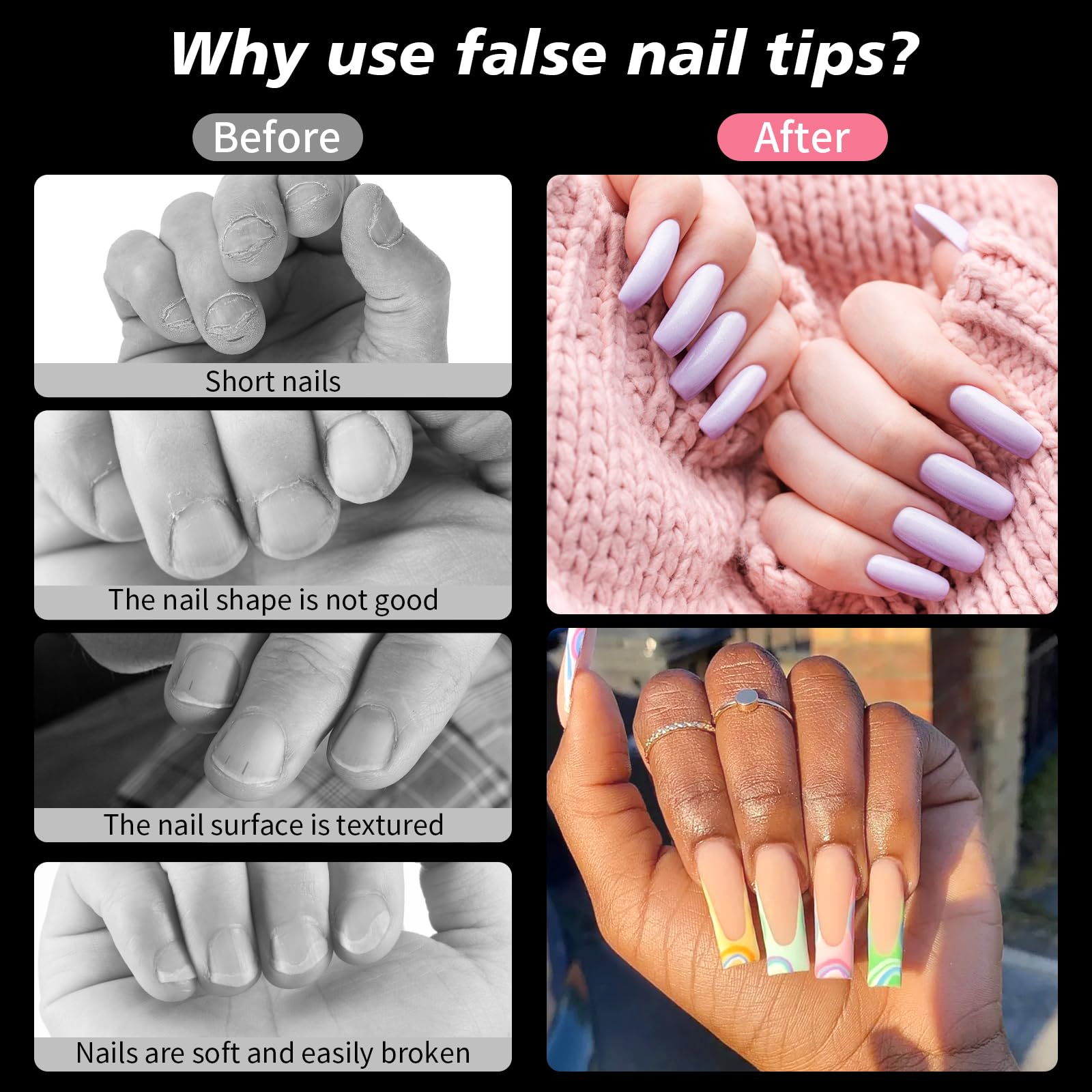 500 Pcs Clear Acrylic Nail Tips - Coffin Shape Fake Nails for French Manicure, Full Cover Artificial Fingernails - 10 Sizes for Nail Salon & DIY Nail Art (Clear) - Perfect for Wedding, Party & Daily Wear