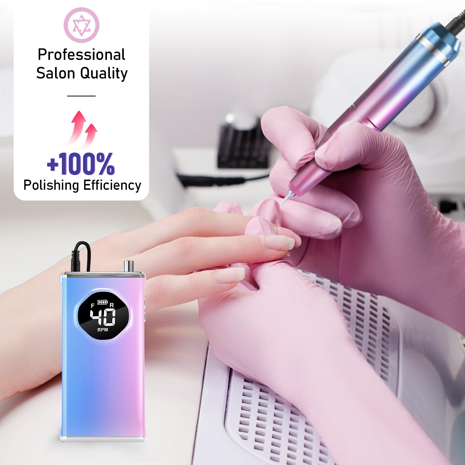 Professional Electric Nail Drill 40000 RPM - Rechargeable Cordless Nail File Machine Kit with Gold Bits for Acrylic & Gel Nails - Perfect for Salon & Home Use - Manicure, Pedicure & Nail Art
