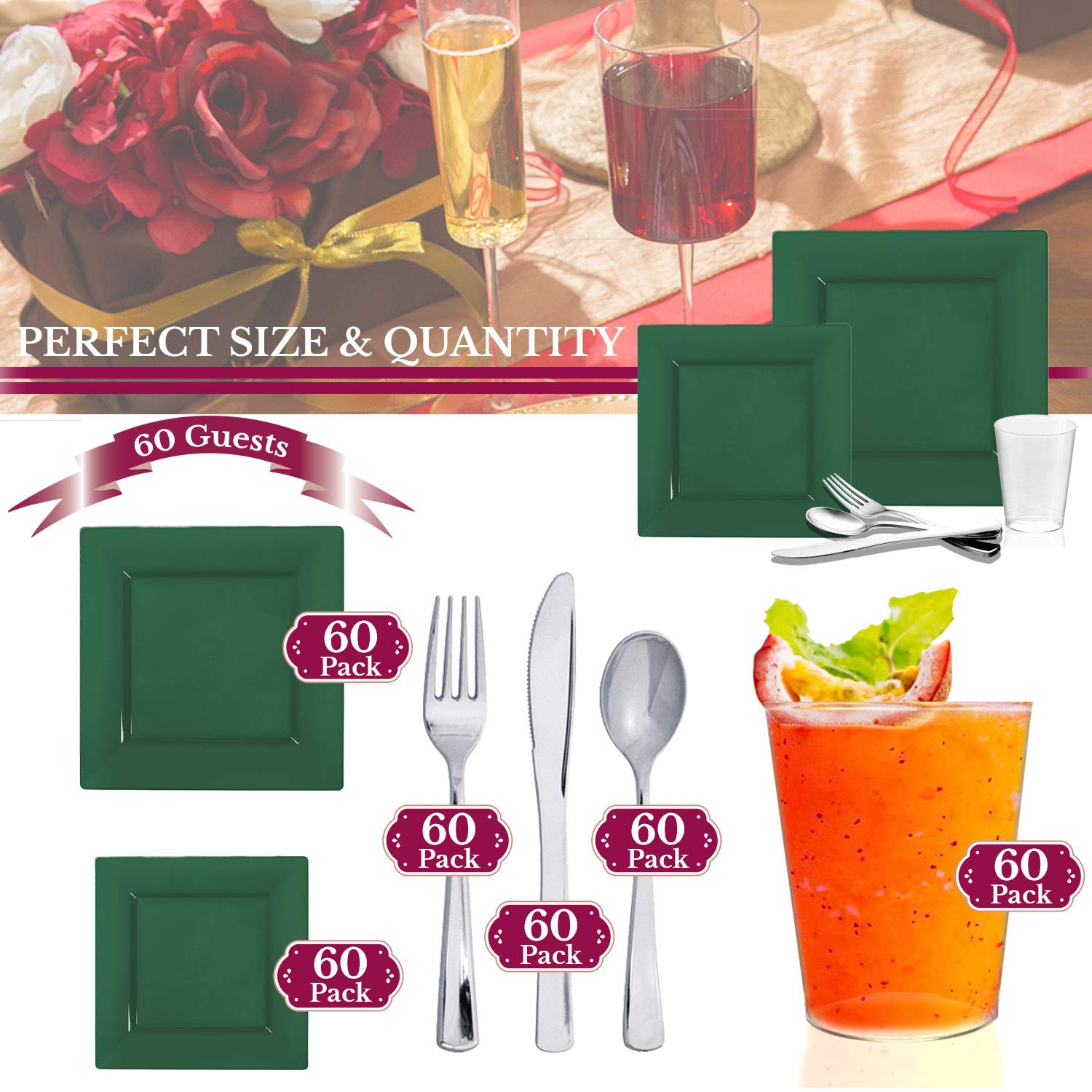 Elegant Disposable Plastic Dinnerware Set - Heavy Duty Plastic Plates for Parties & Events (Hunter Green, Wedding Value Pack for 60 Guests) - Perfect for Weddings, Banquets, Picnics & Outdoor Gatherings