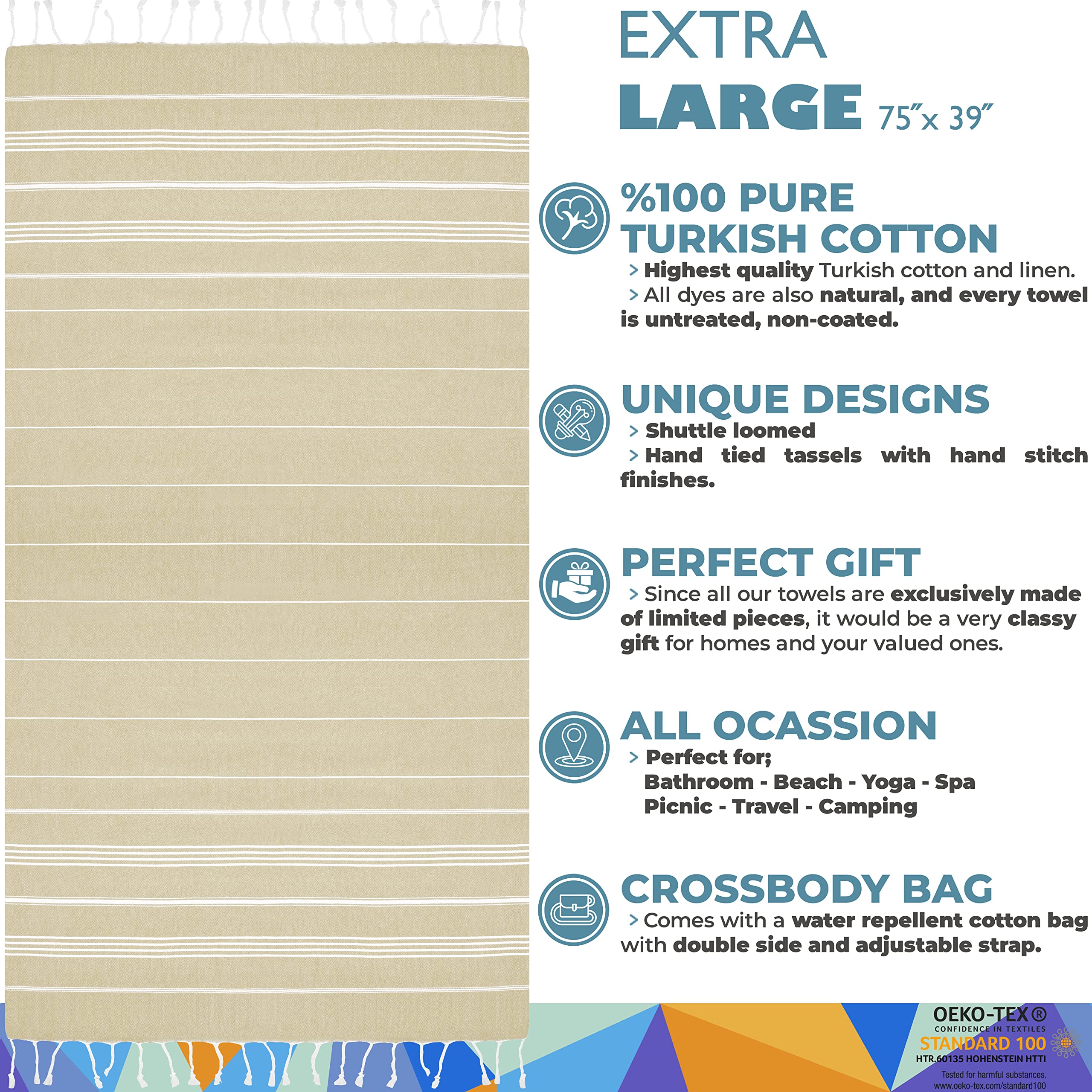 Premium Turkish Beach Towel with Free Beach Bag - 39x74 Inch Oversized, 100% Cotton, Quick Dry, Sand-Free, Hand-Loomed - Luxury Bath & Pool Towel for Vacation, Spa, Yoga, Beach Day (Beige)
