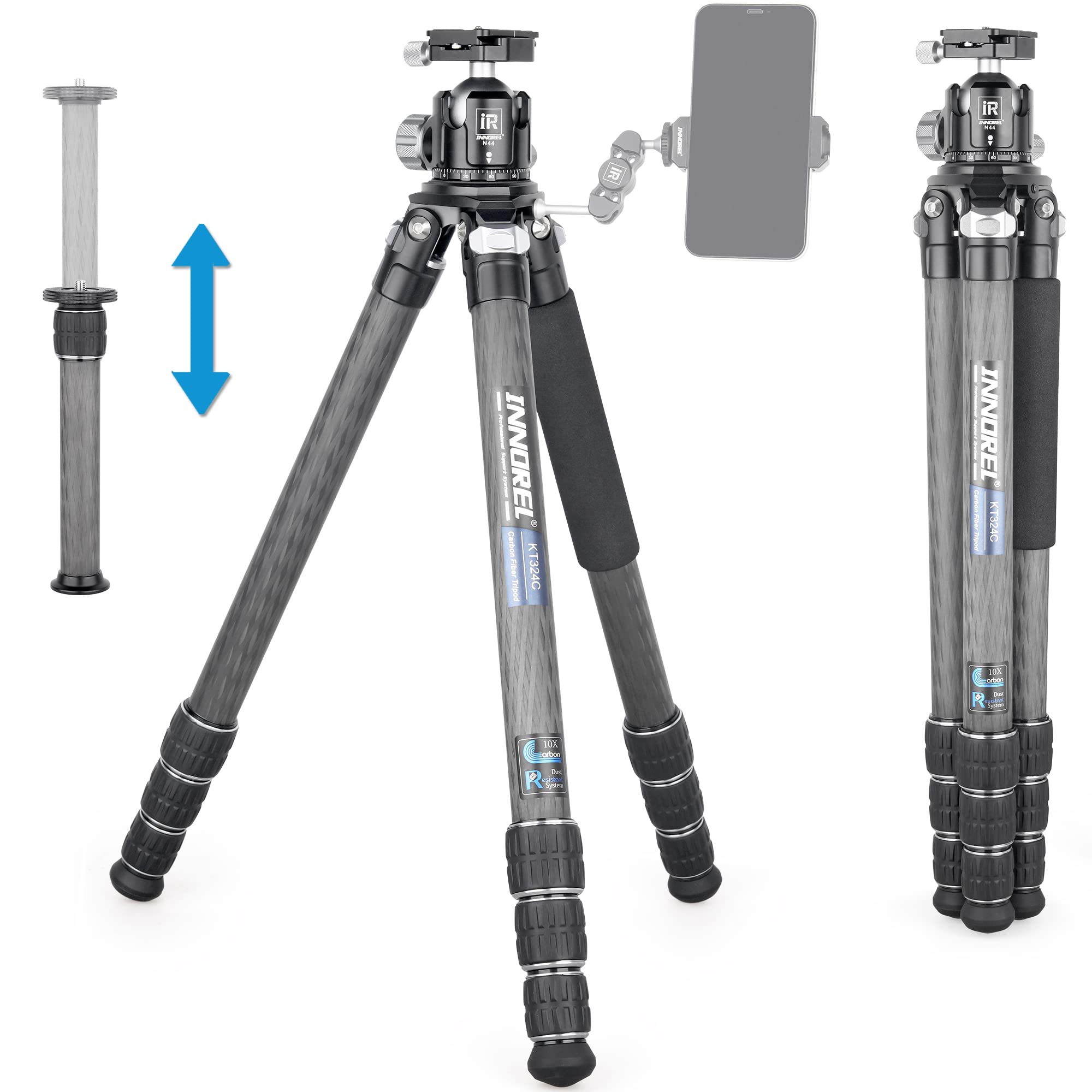 INNOREL KT324C Carbon Fiber Tripod - Professional Heavy Duty DSLR Camera Stand with 32.5mm Tube, Low Gravity Center & Panoramic Ball Head - Compact Travel Tripod for Photography, Videography & Outdoor Shooting