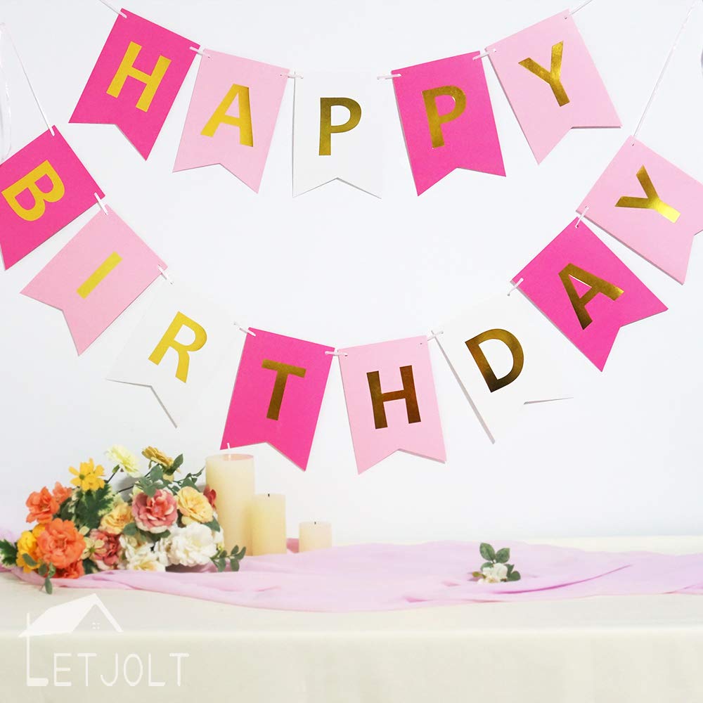 Rose Gold Sparkle Happy Birthday Banner - 13 Piece Pink Birthday Party Decorations for Girls, Nursery Hanging Signs with Golden Glitter | Perfect for Birthday Parties, Baby Showers & Room Decor