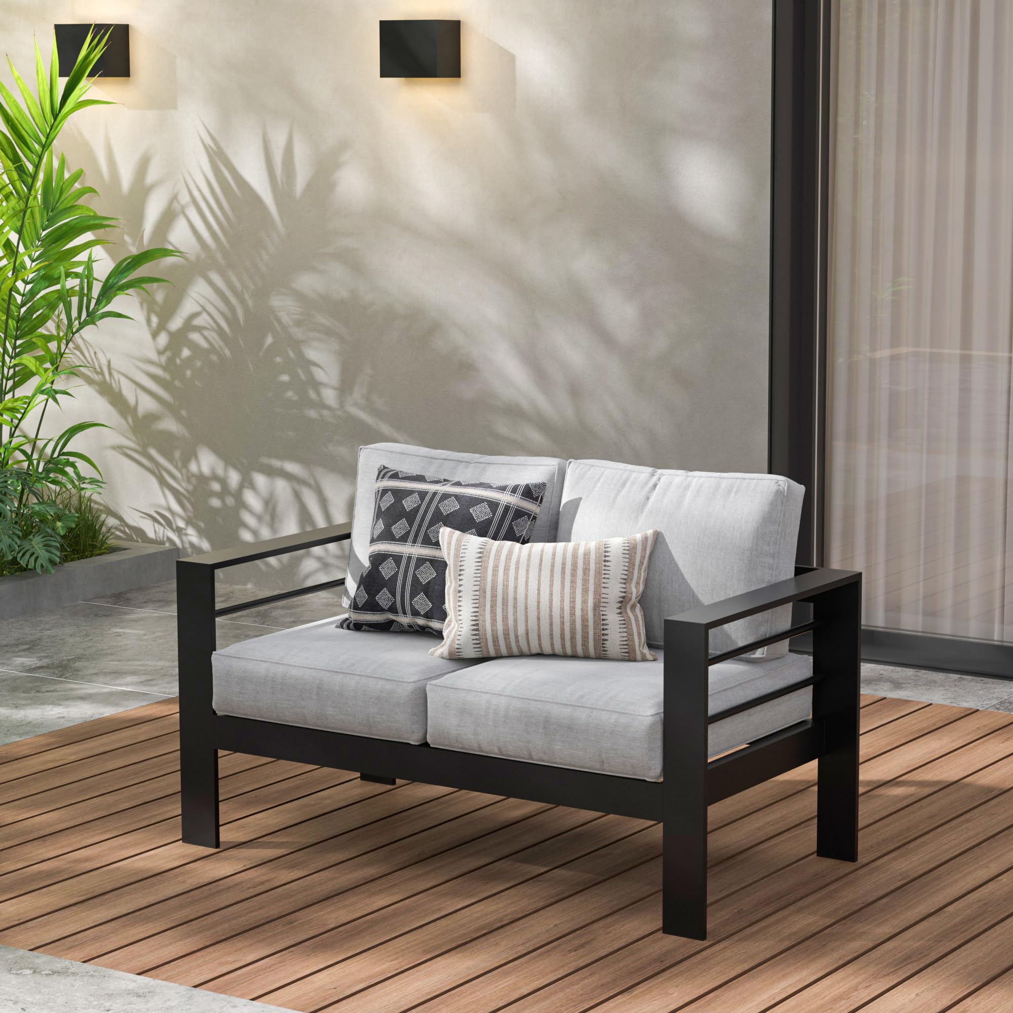 Wisteria Lane Patio Furniture - All-Weather Aluminum Loveseat with Light Grey Cushions, Outdoor 2-Seater Sofa Couch for Garden, Deck & Backyard Relaxation