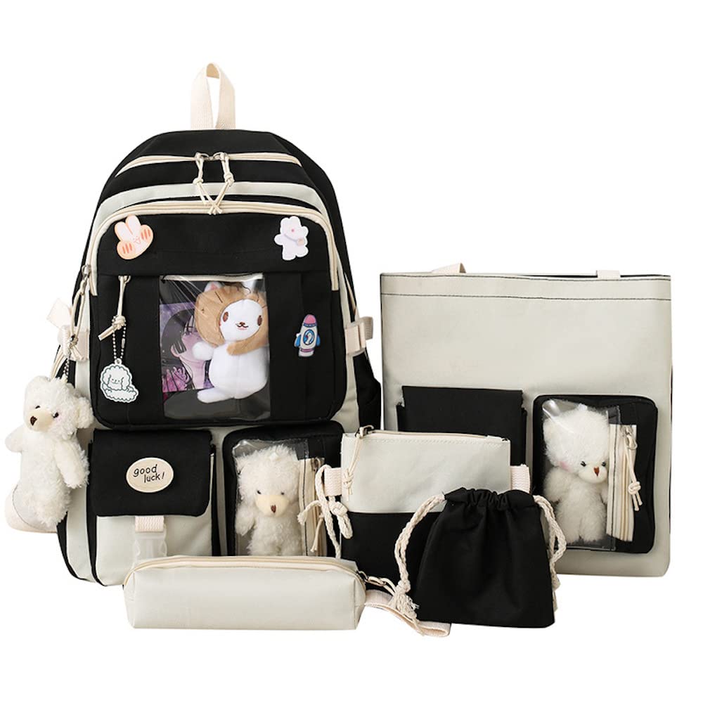 Cute Aesthetic Backpack Set - 5 Piece Kawaii School Backpack with Pins, Plushies & Cards for Teens | Stylish Black Backpack Accessories for School, College, Travel & Daily Use