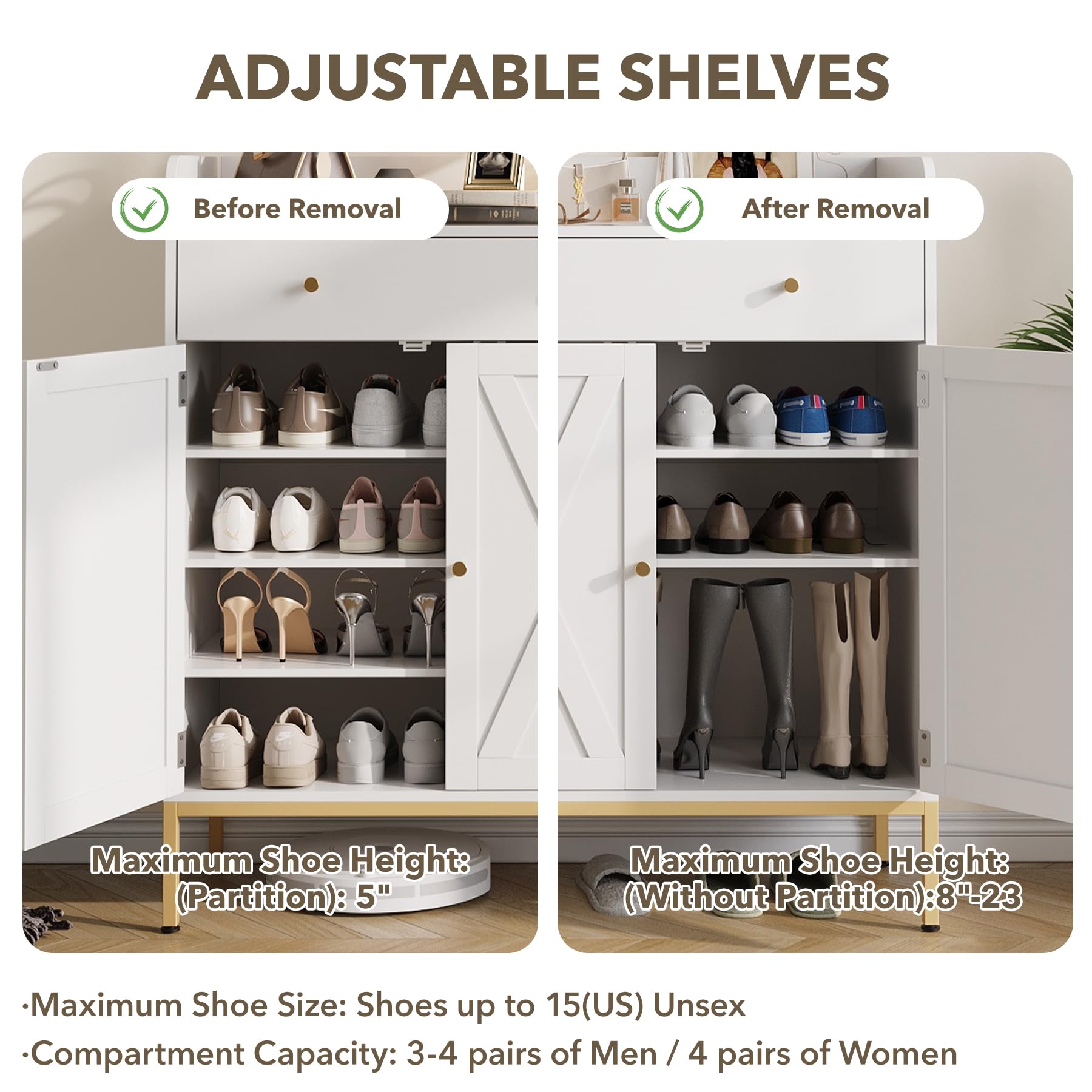 Maupvit 20-Pair Shoe Storage Cabinet with Doors & Drawers - Adjustable Shelves, Metal Legs, 43