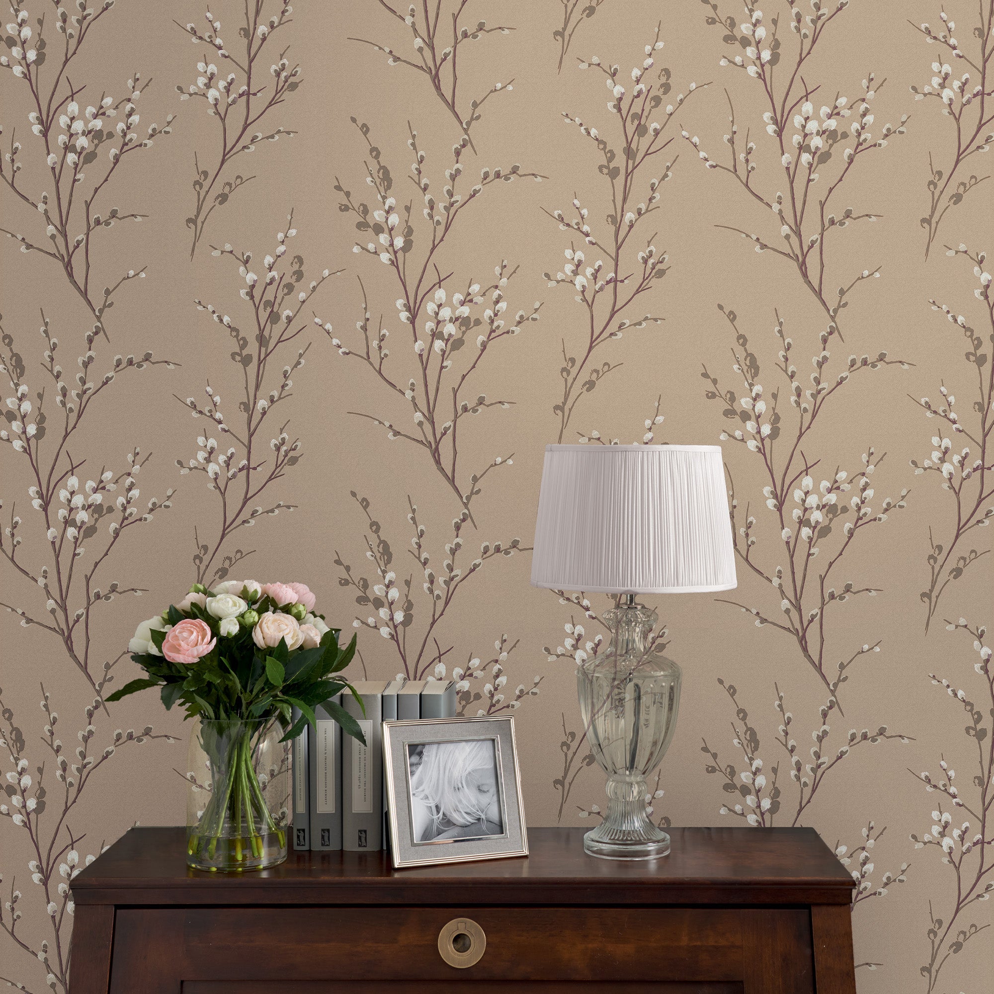 Laura Ashley Natural Pussy Willow Wallpaper - Elegant Floral Peel & Stick Wallpaper for Bedroom, Living Room, Home Decor