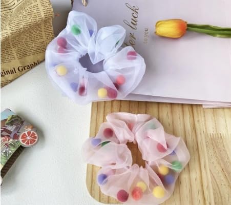 Honbon Soft, Light & Non-Slip Chiffon Scrunchies with Mesh Pom Pom Balls - 12 Pack Colorful Hair Ties for Women & Girls (Thin/Thick Hair) - Perfect for School, Work, Parties & Everyday Styling