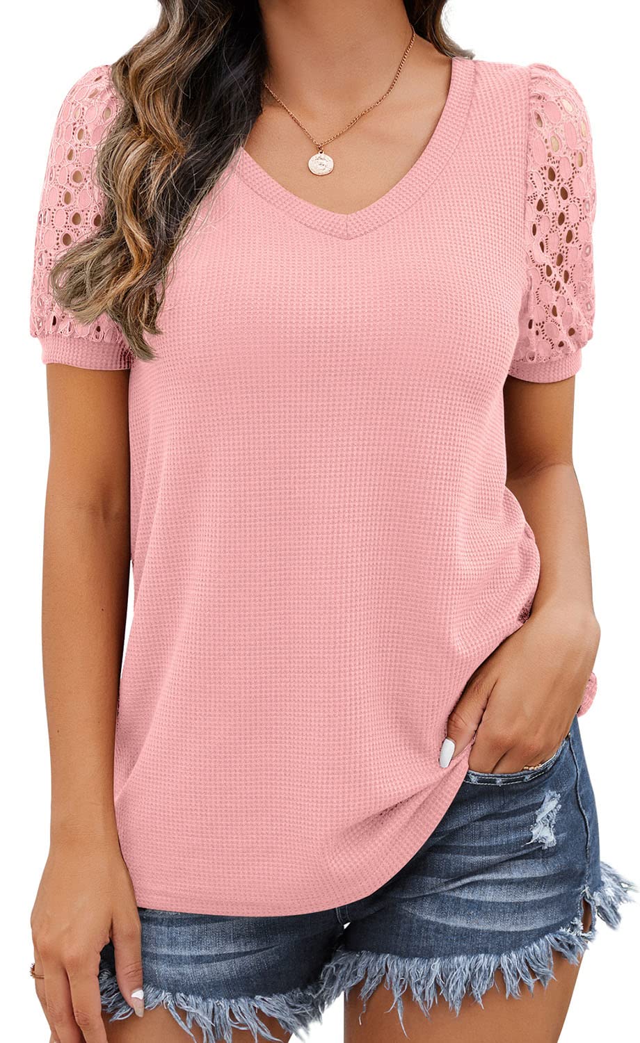IWOLLENCE Women's V-Neck Waffle Knit Lace Short Sleeve T-Shirt - Summer Casual Blouse Top for Everyday Wear, Date Night & Office Outfits