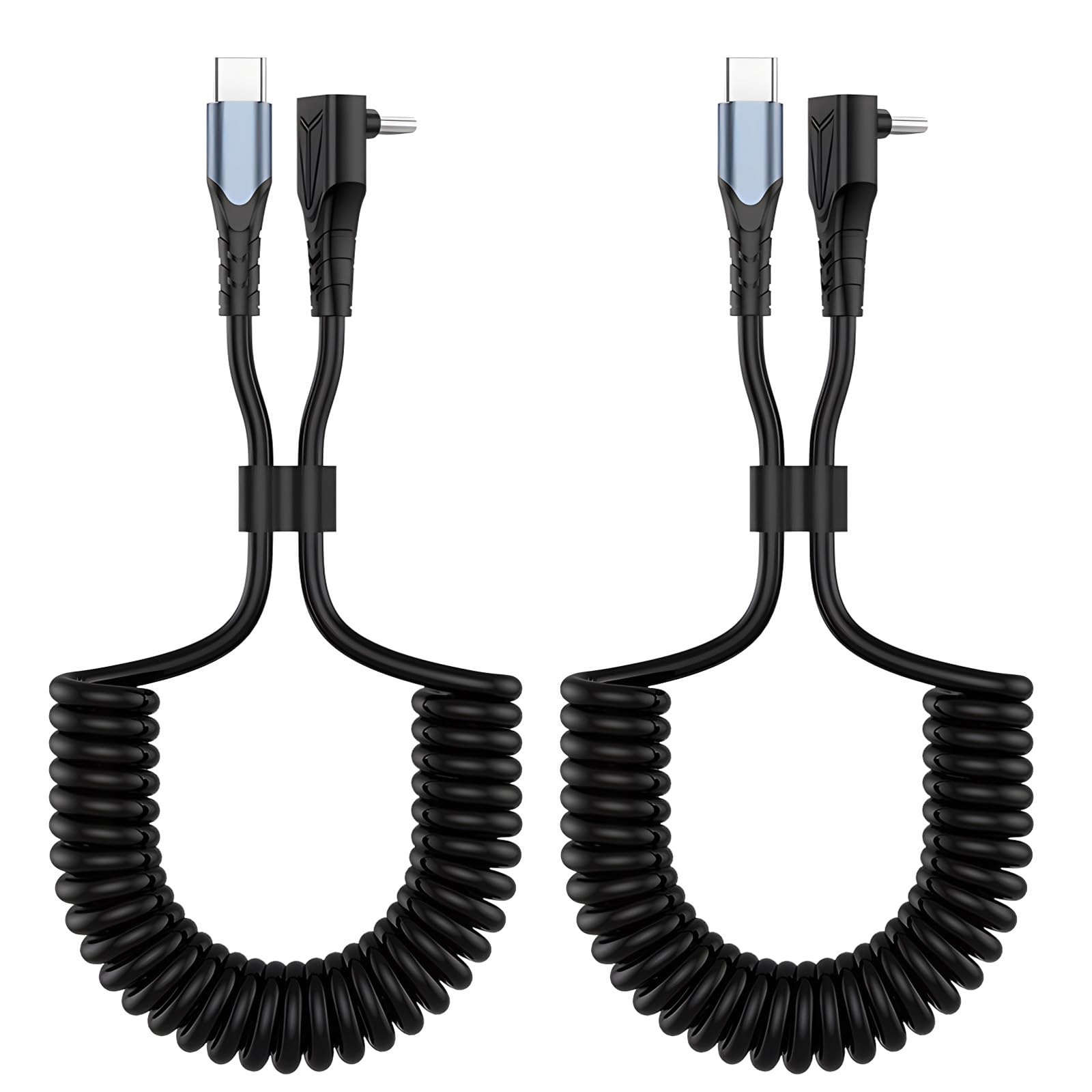 2 Pack 90 Degree Right Angle Coiled USB C to USB C Cable - 60W Fast Charging & Data Sync, Retractable Spring Spiral USB-C Charger Cord for iPhone 15 Pro Max, Galaxy S24/S23, Pixel - Perfect for Car, Office & Travel Charging