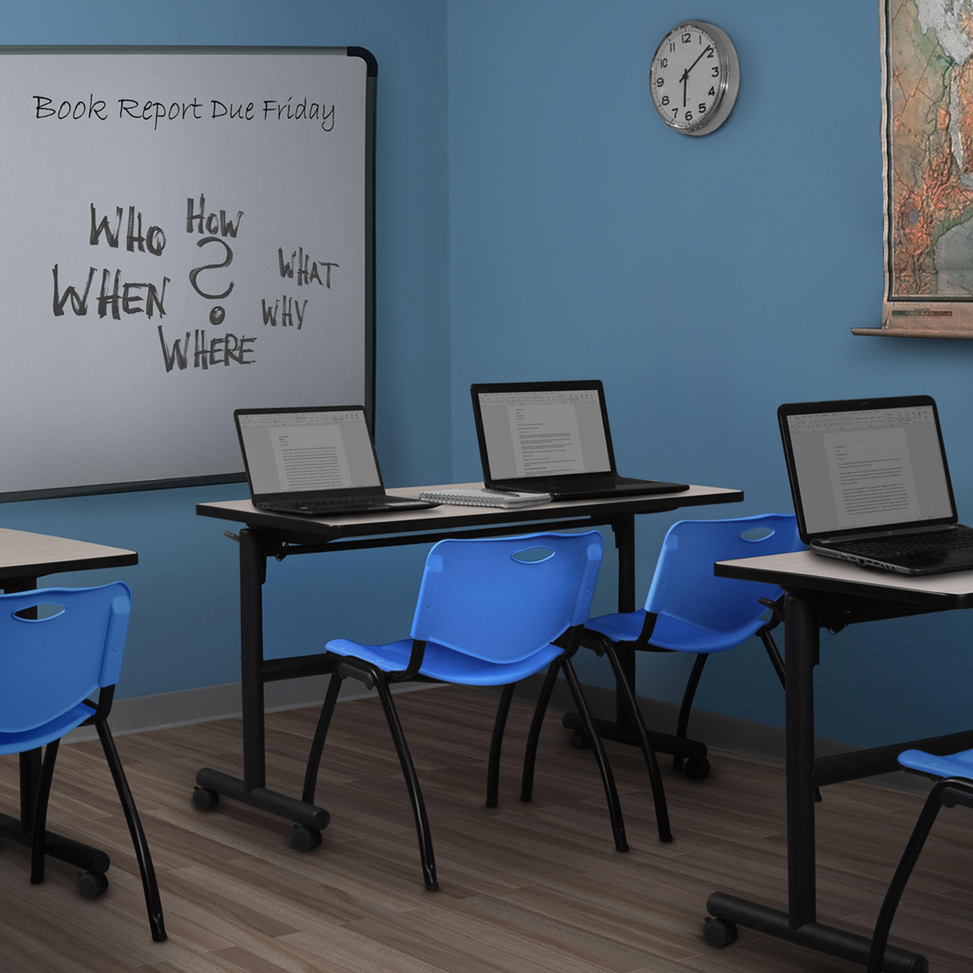 48-Inch Kobe Flip Top Mobile Training Table with Maple Top & 2 'M' Stack Chairs in Blue - Perfect for Home Gyms, Classrooms, and Office Training Spaces