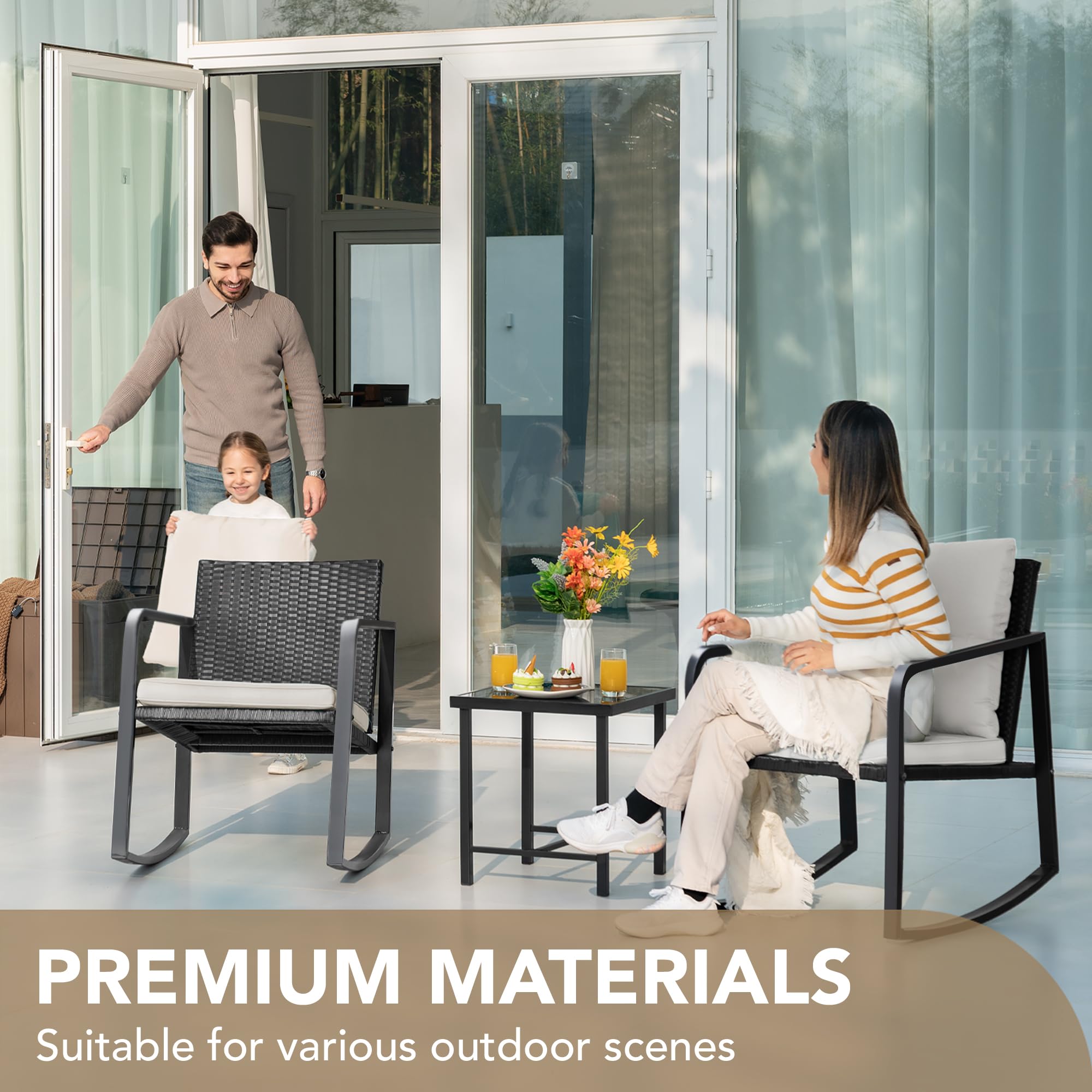 Devoko 3-Piece Wicker Patio Furniture Set - Outdoor Rocking Bistro Chairs with Glass Coffee Table, Beige - Perfect for Porch, Garden, Backyard & Poolside Relaxation