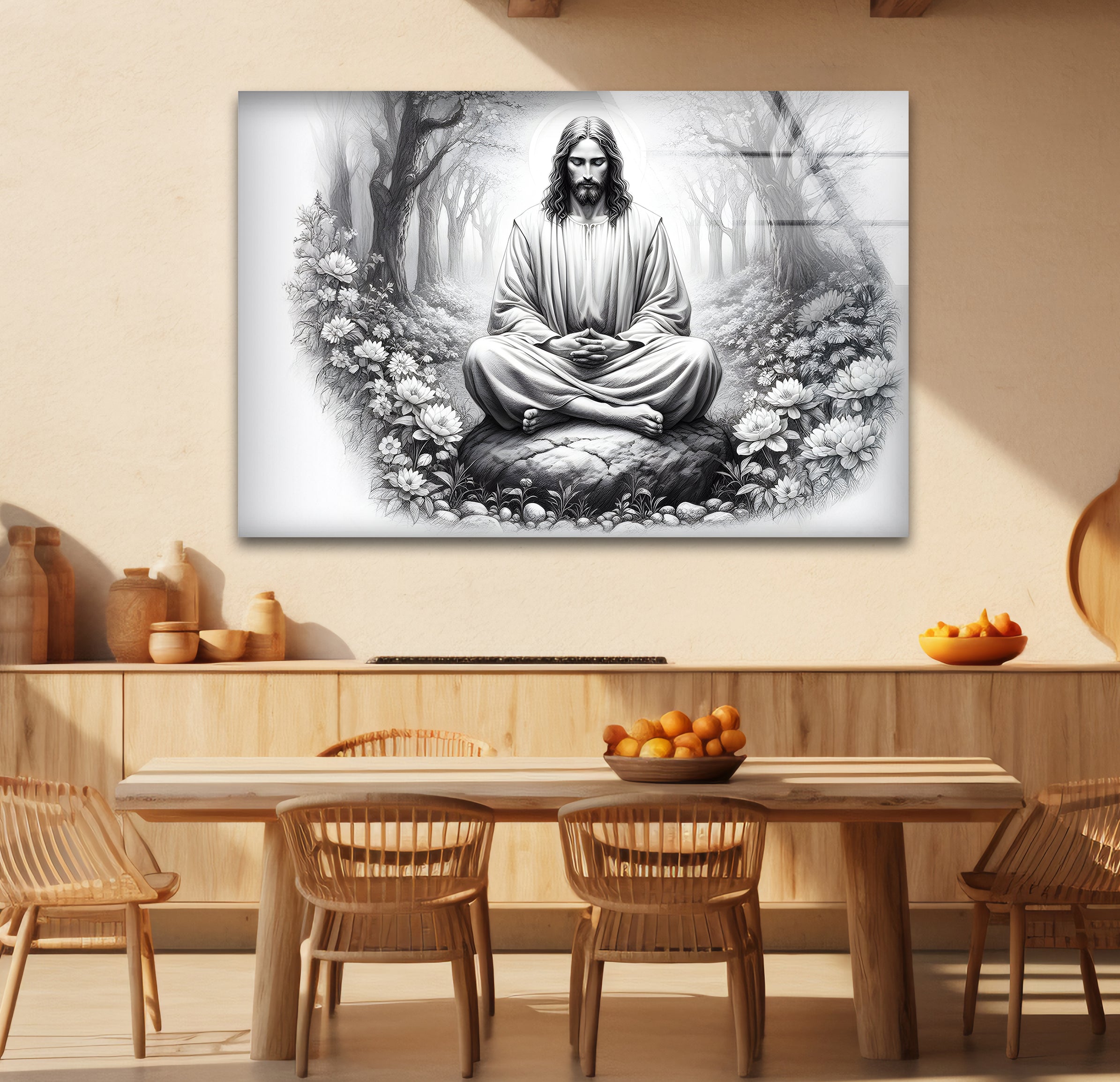 Black and White Jesus Glass Wall Art - Religious Home Decor for Living Room, Bedroom & Church