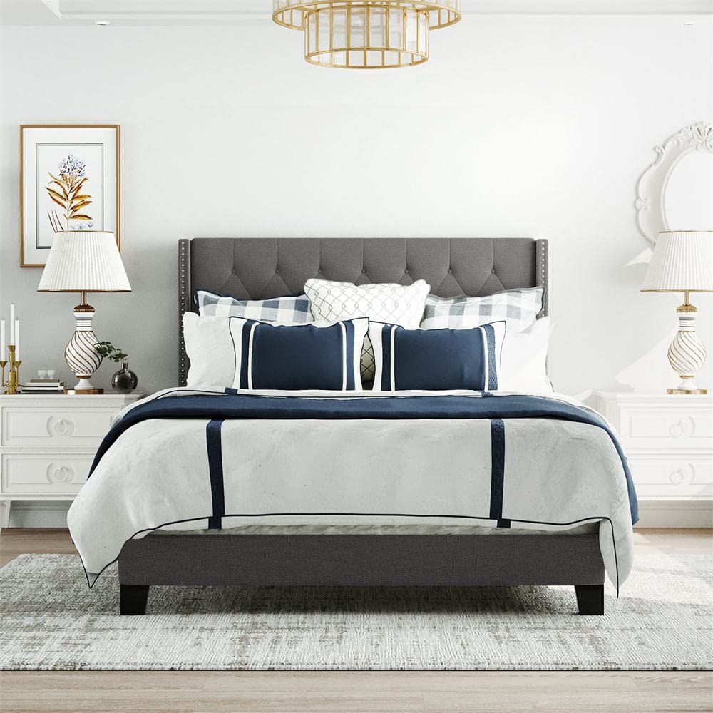 Linen Upholstered Queen Size Platform Bed Frame with Button Tufted Headboard & Nailhead Trim - Solid Wood Structure, Wood Slat Support, No Box Spring Needed (Gray) - Perfect for Modern Bedrooms, Guest Rooms & Master Suites