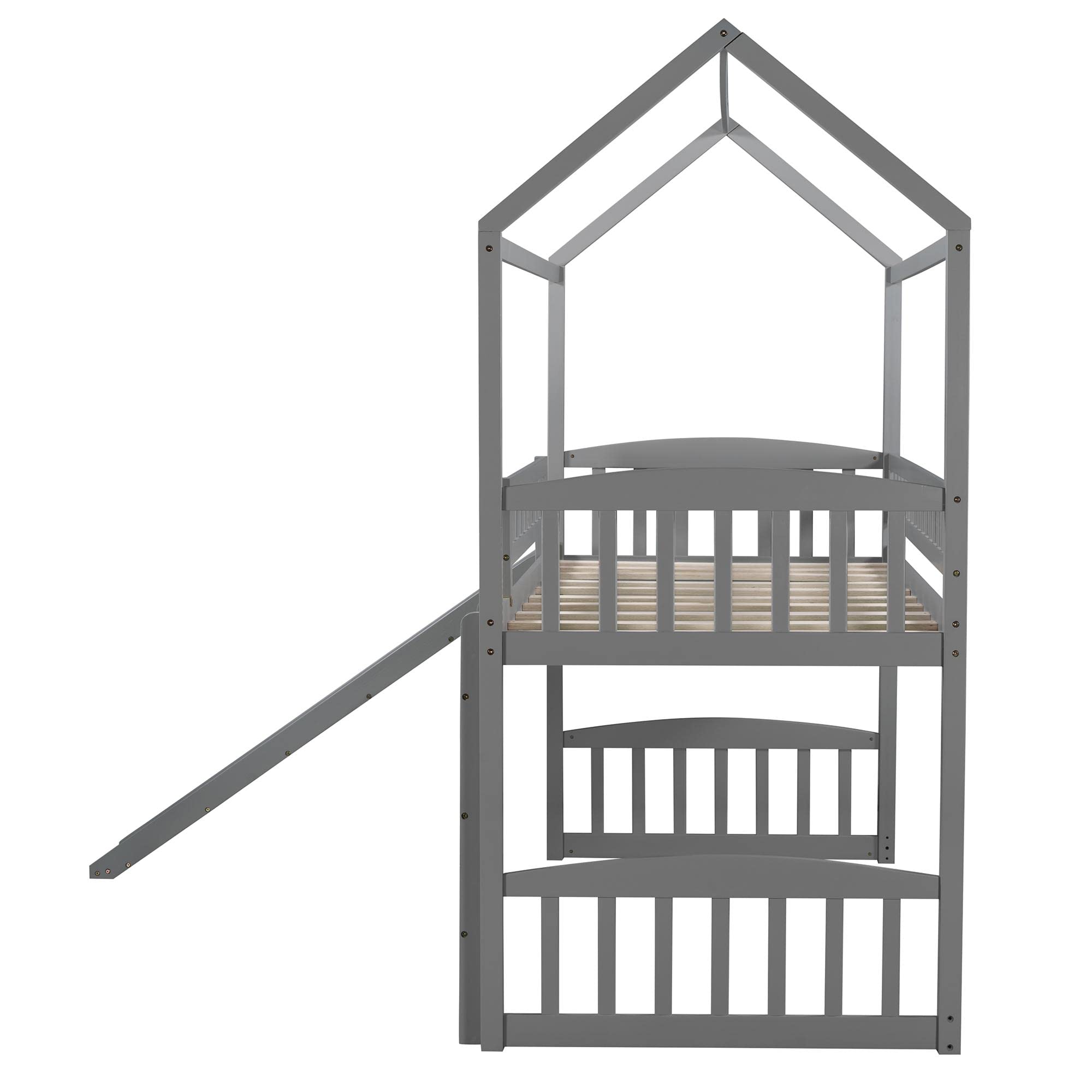 JINS&VICO Twin Loft Bed with Slide and Ladder - Wooden Playhouse Bed with Roof & Safety Guardrails for Kids - Space-Saving Bunk Bed (77.4