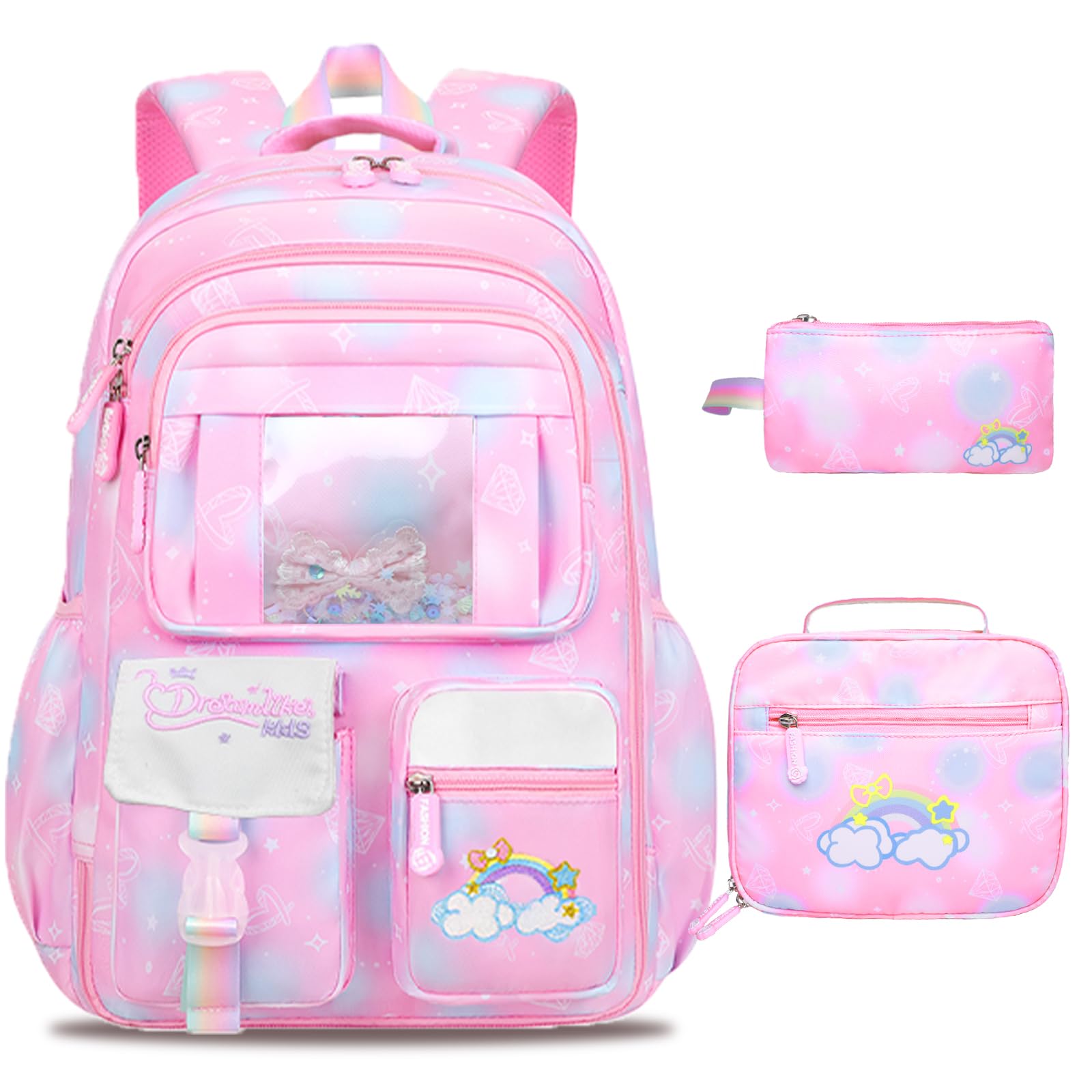 3PCS Kids Backpack Set for Girls with Lunch Box & Pencil Pouch - Cute School Backpack for Elementary Students, Durable Bookbag for School Supplies (Pink) | Perfect for School, Travel & Daily Use