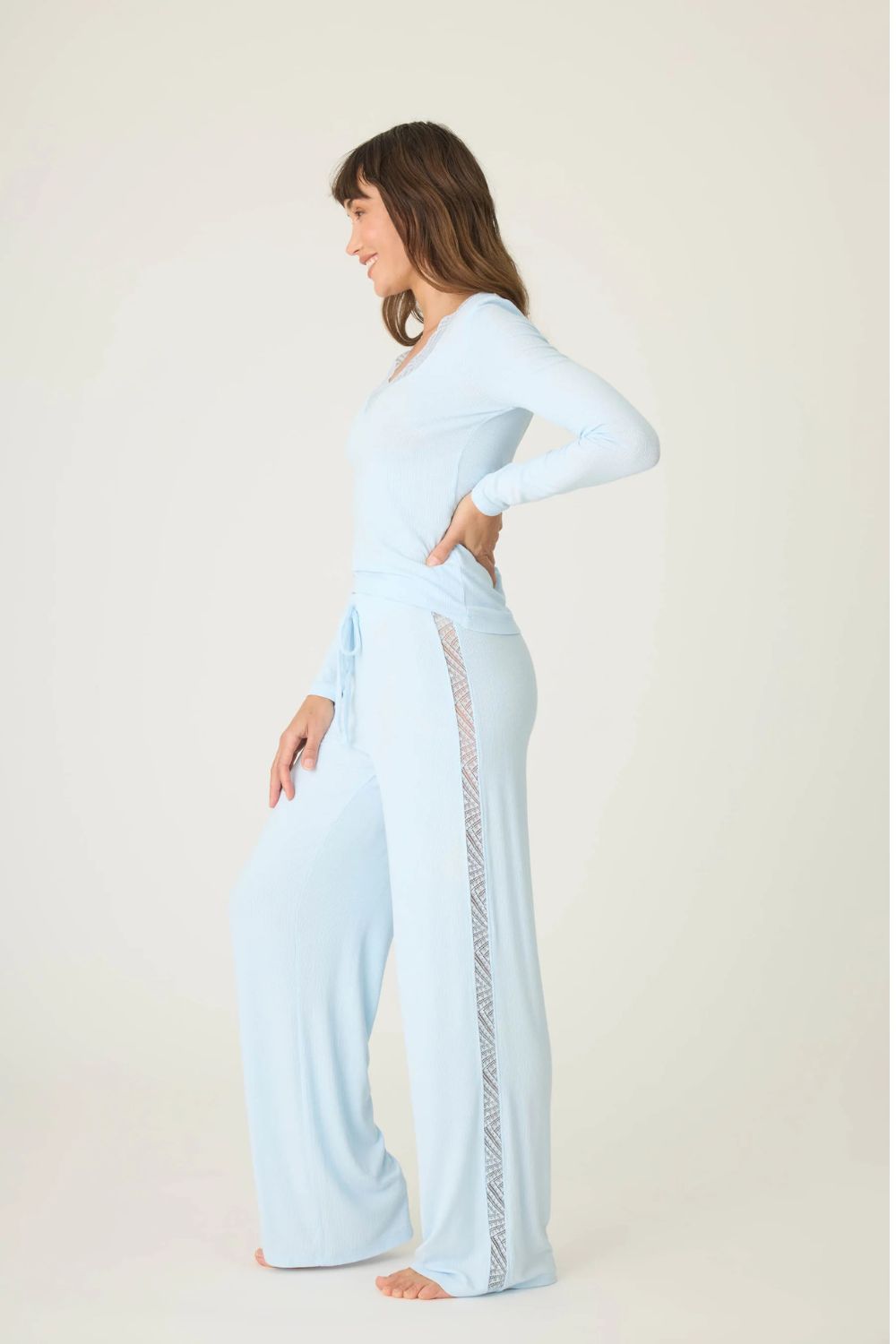 Blue Haze Lace Long Sleeve Pajama Set for Women - Soft Sleepwear for Cozy Nights & Relaxing Evenings at Home