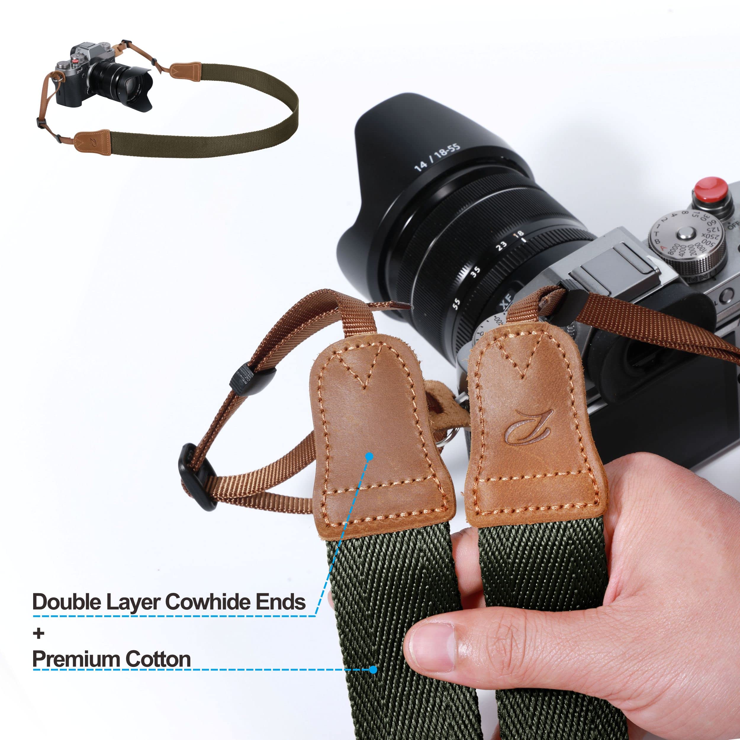 Premium Olive Green Camera Strap - Double Layer Top-Grain Cowhide Ends & 1.5