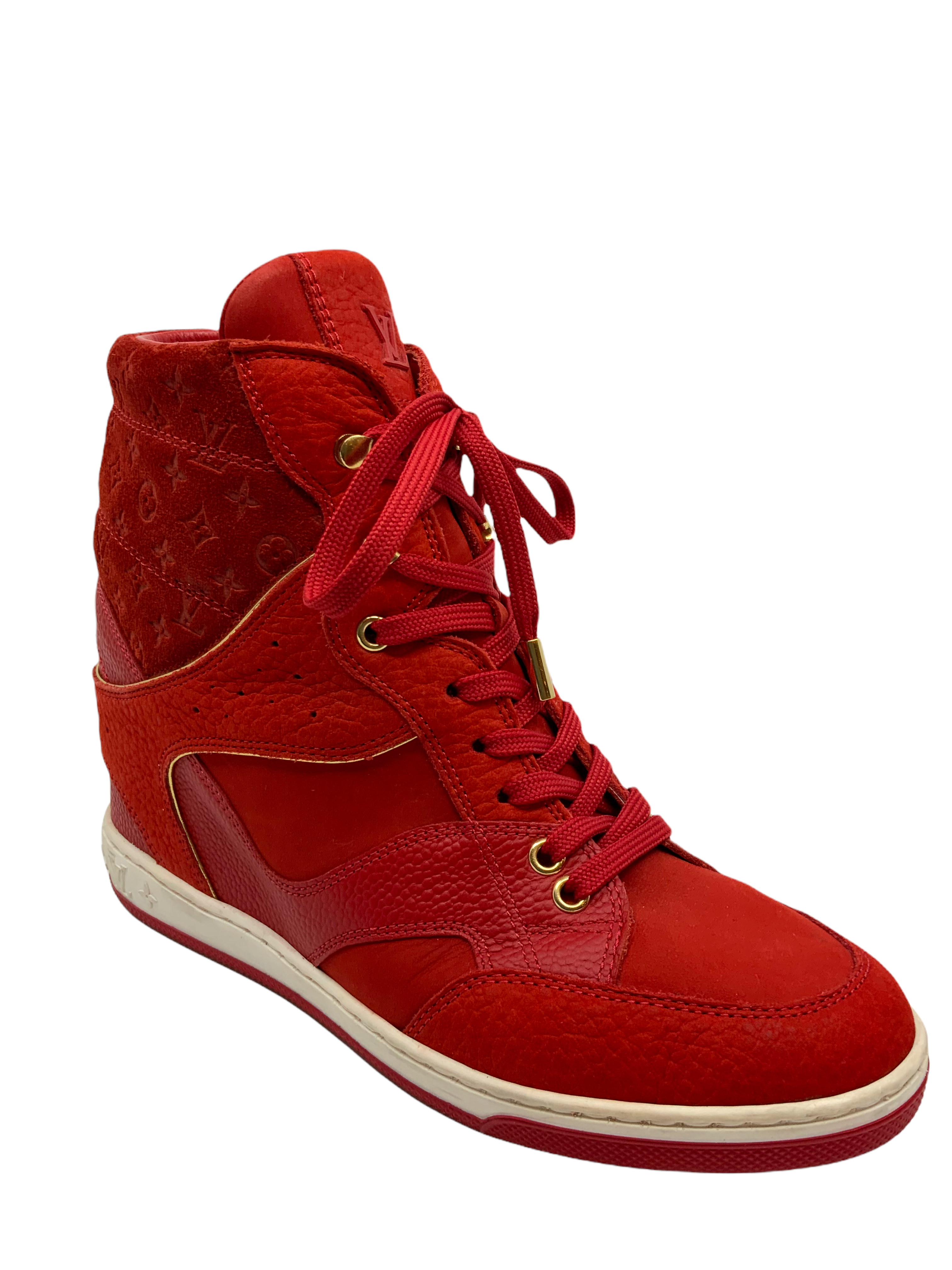 Louis Vuitton Monogram Embossed Suede Cliff Top Wedge Sneakers Women's Size 7 - Fashionable Comfort for Casual Outings & Street Style