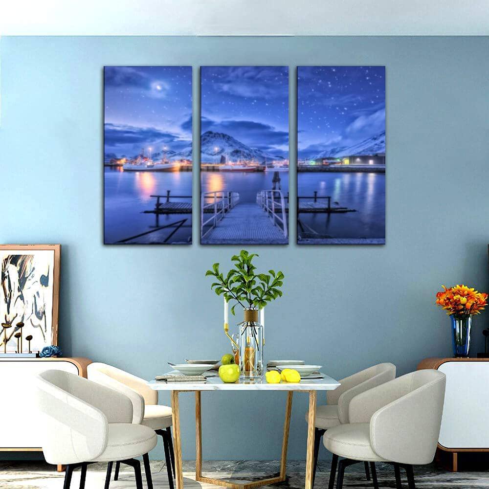 3 Panel Wall Art - Modern Canvas Prints of Fishing Boats Near Pier on Sea with Snowy Mountains & Starry Sky - Home Decor for Living Room & Bedroom - Ready to Hang - Perfect for Coastal, Nautical & Winter Themed Interior Design