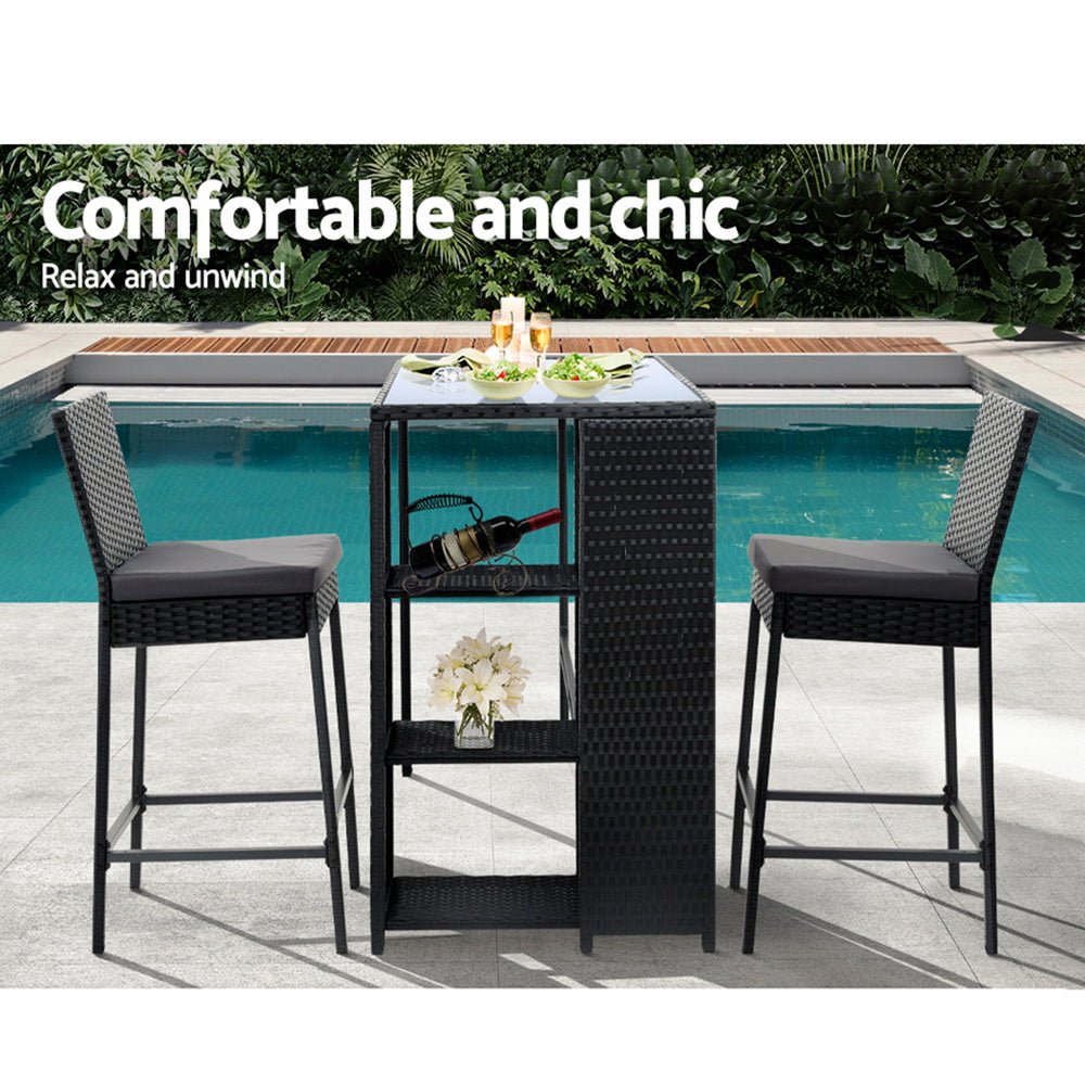 3-Piece Outdoor Bar Set - Patio Dining Chairs with Wicker Table & Stools for Backyard, Garden, Poolside or Deck Relaxation