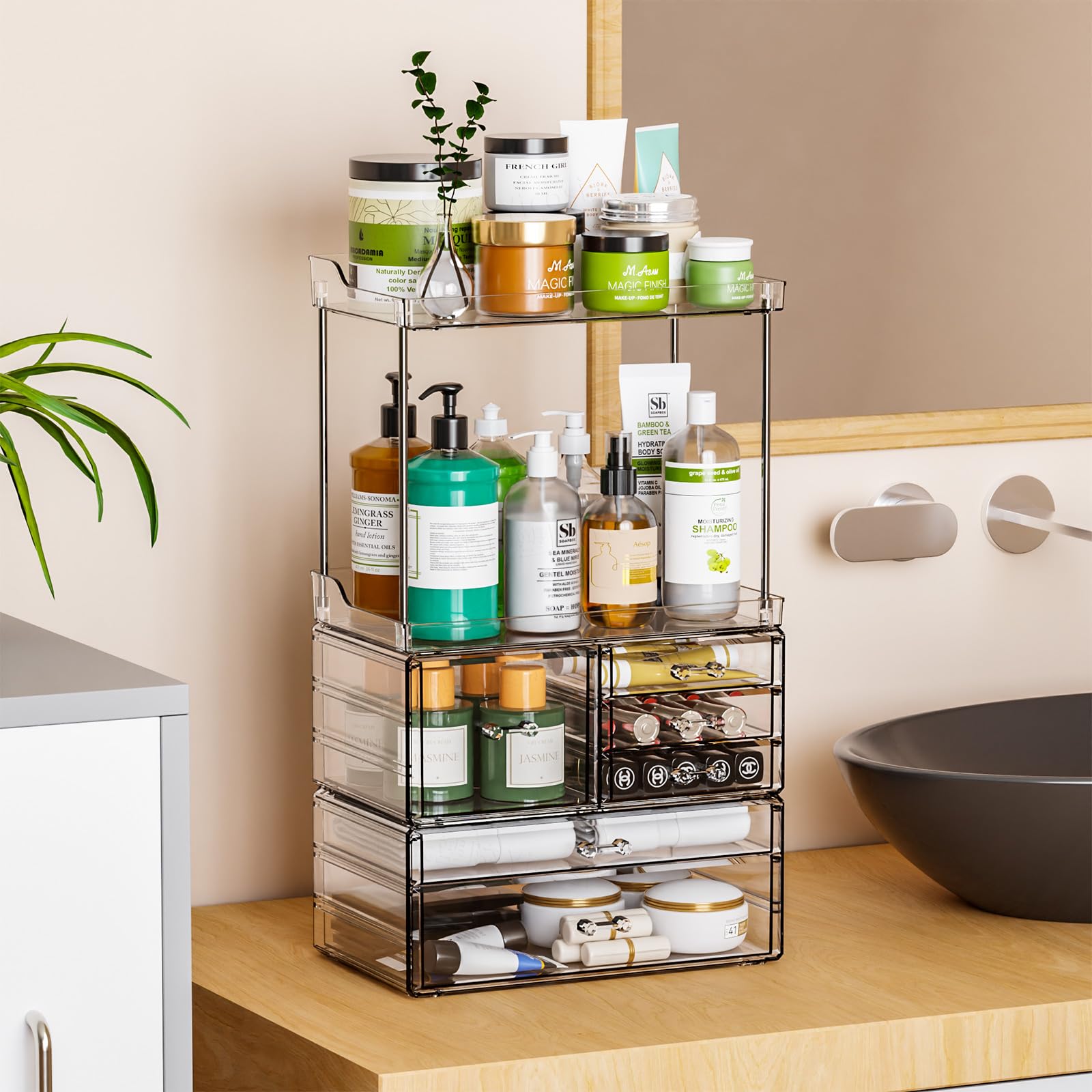 3-Tier 6-Drawer Clear Acrylic Bathroom Organizer Shelf - Stackable Makeup & Skincare Storage for Cosmetics, Lotions, Beauty Products - Perfect for Vanity, Countertop, Bedroom or Bathroom Organization (18.9