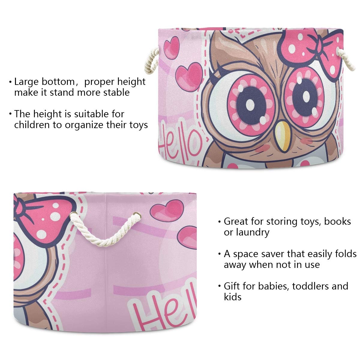 Collapsible Round Storage Basket - Fabric Toy Organizer & Laundry Hamper with Drawstrings for Kids | Cute Pink Cartoon Owl Design | Perfect for Nursery, Playroom, and Bedroom Organization