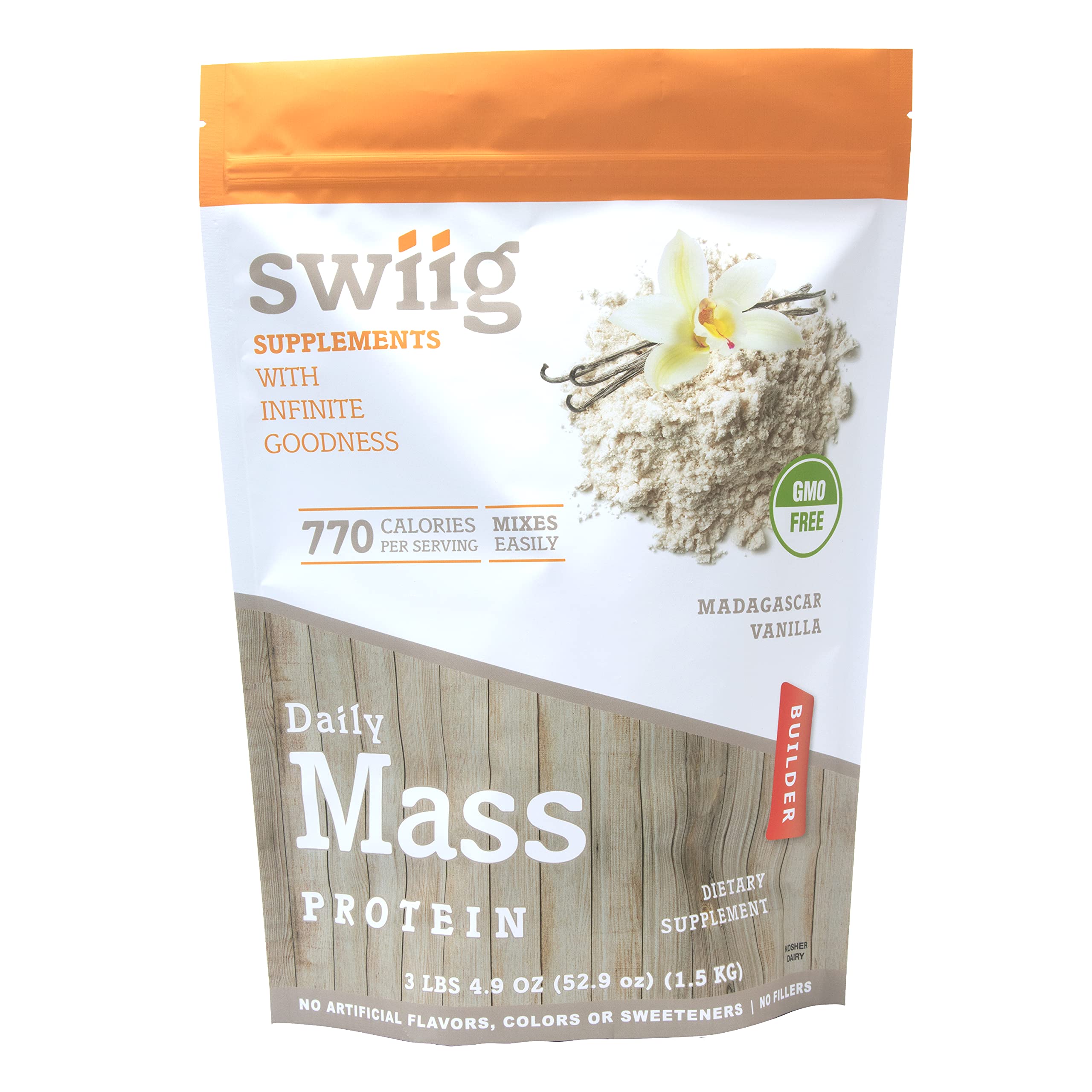 Swiig Mass Builder Protein Powder - Madagascar Vanilla Flavor, 3.3lb | GMO-Free, No Artificial Flavors, Colors or Sweeteners | Premium Muscle Gain Supplement for Bodybuilding, Post-Workout Recovery & Weight Management