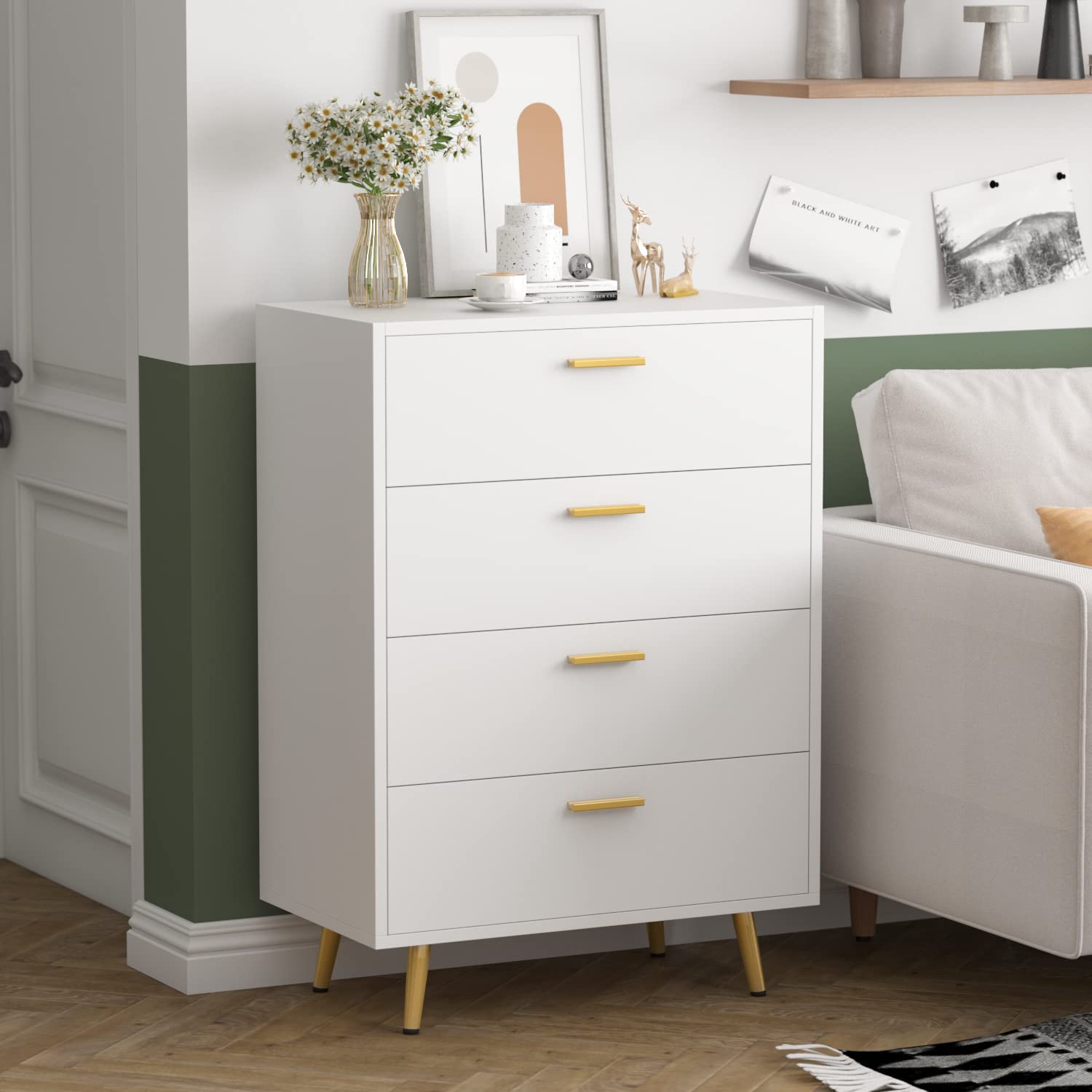 AIEGLE 4-Drawer Dresser with Gold Metal Legs - White Wooden Storage Chest for Bedroom & Living Room (27.4