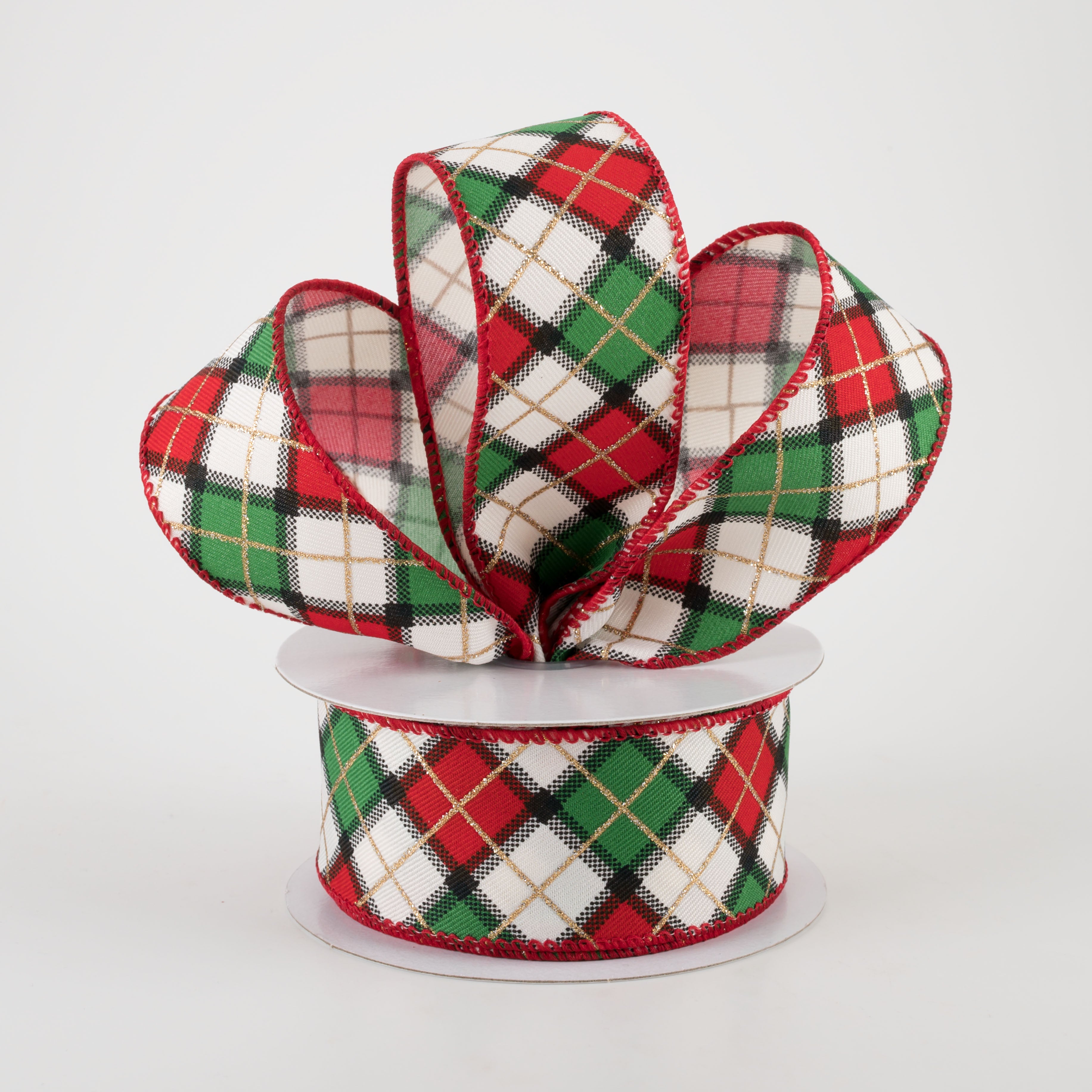 1.5 Inch Claire Plaid Ribbon - Ivory, Red, Green (10 Yards) - Perfect for Gift Wrapping, DIY Crafts, Hair Bows, and Holiday Decorations
