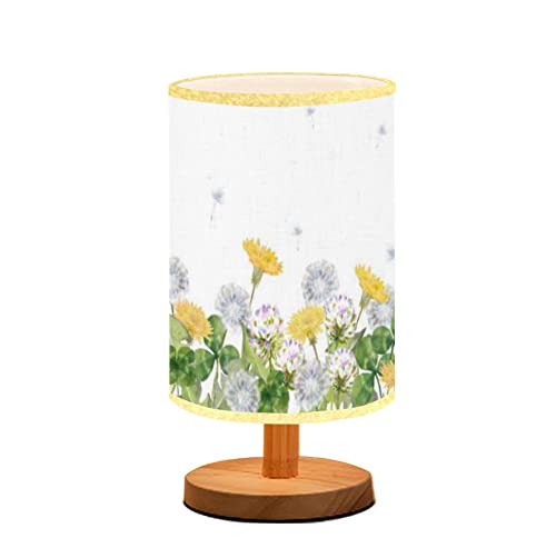 Minimalist Solid Wood Bedside Lamp with Flaxen Fabric Shade - Spring Flowers Dandelion and Clovers Design, Small Table Desk Lamp for Nightstand, Perfect for Bedroom, Home Decor, and Gift Ideas