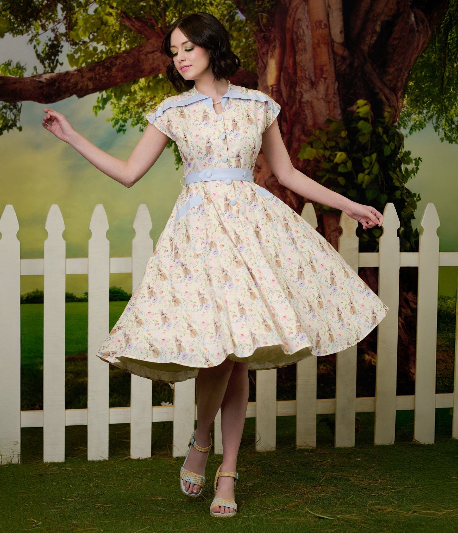 Vintage 1950s Cream & Blue Bunny Rabbit Print Swing Dress - Retro 50s Style Party Dress for Women, Perfect for Tea Parties, Swing Dancing & Vintage Fashion Events