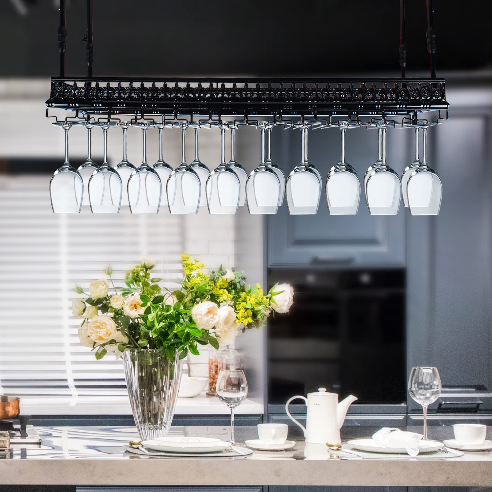 Vintage Metal Under Cabinet Wine Glass Rack - Holds 48 Goblets, Industrial Retro Style for Home Kitchen & Bar - Perfect for Organizing Stemware & Saving Counter Space (Black)