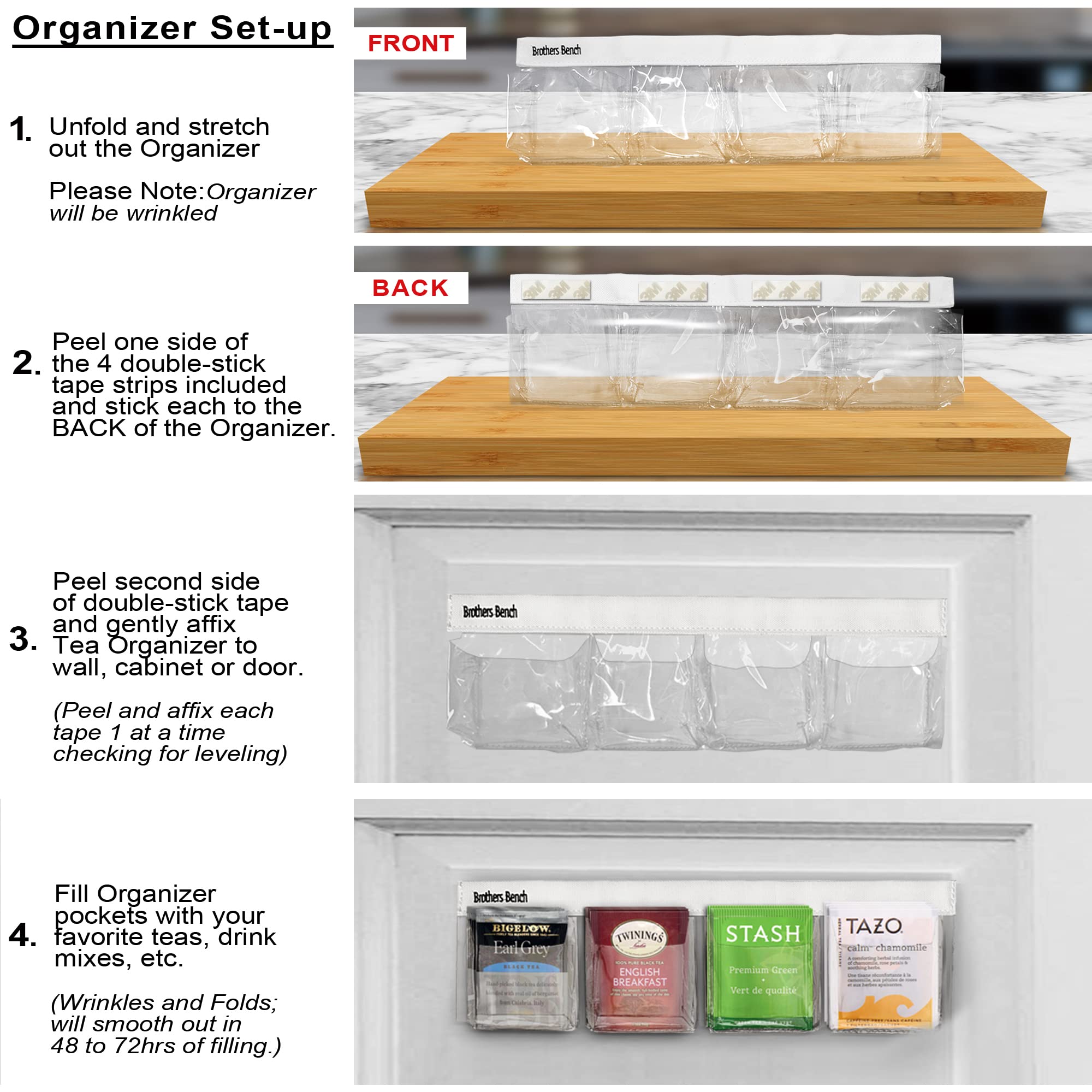 Clear Tea Bag Organizer - Holds 52 Tea Bags, Space-Saving Tea Storage Box with 3M Strips for Cabinet & Pantry Doors (13